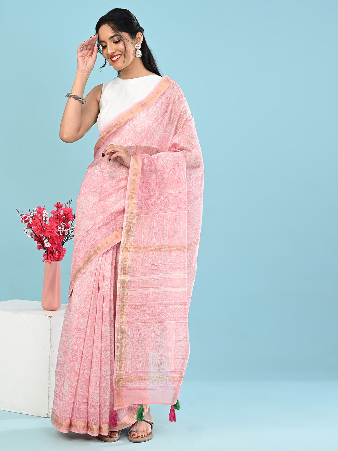 Marupushpa Pink Block Print Saree