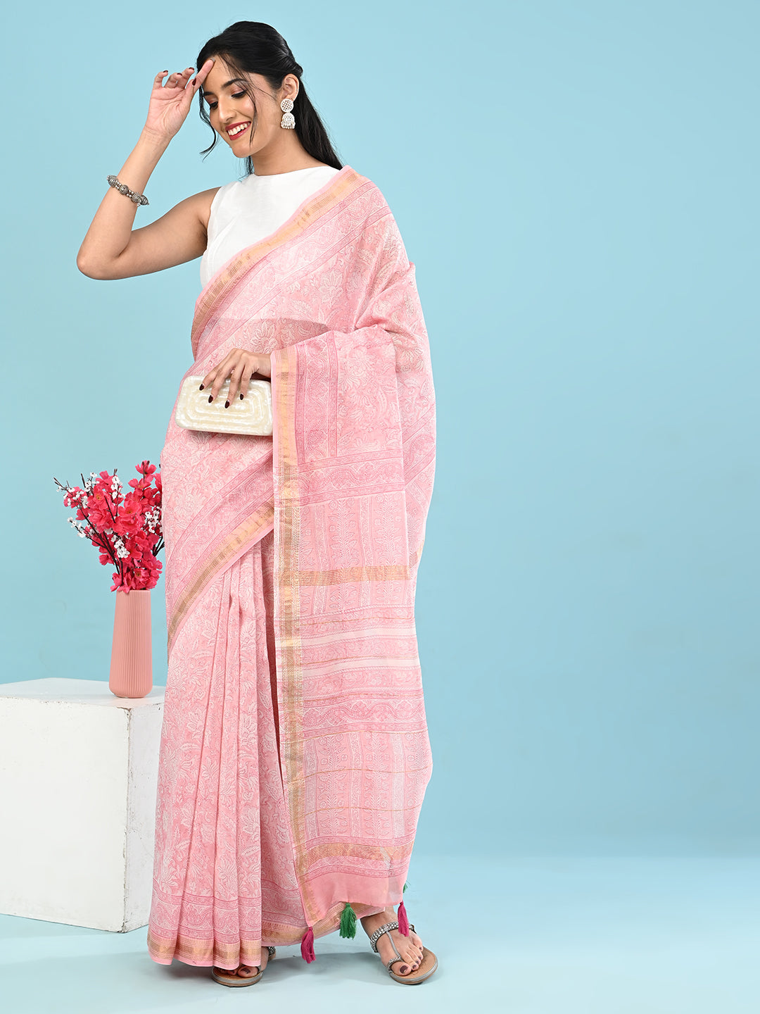 Marupushpa Pink Block Print Saree