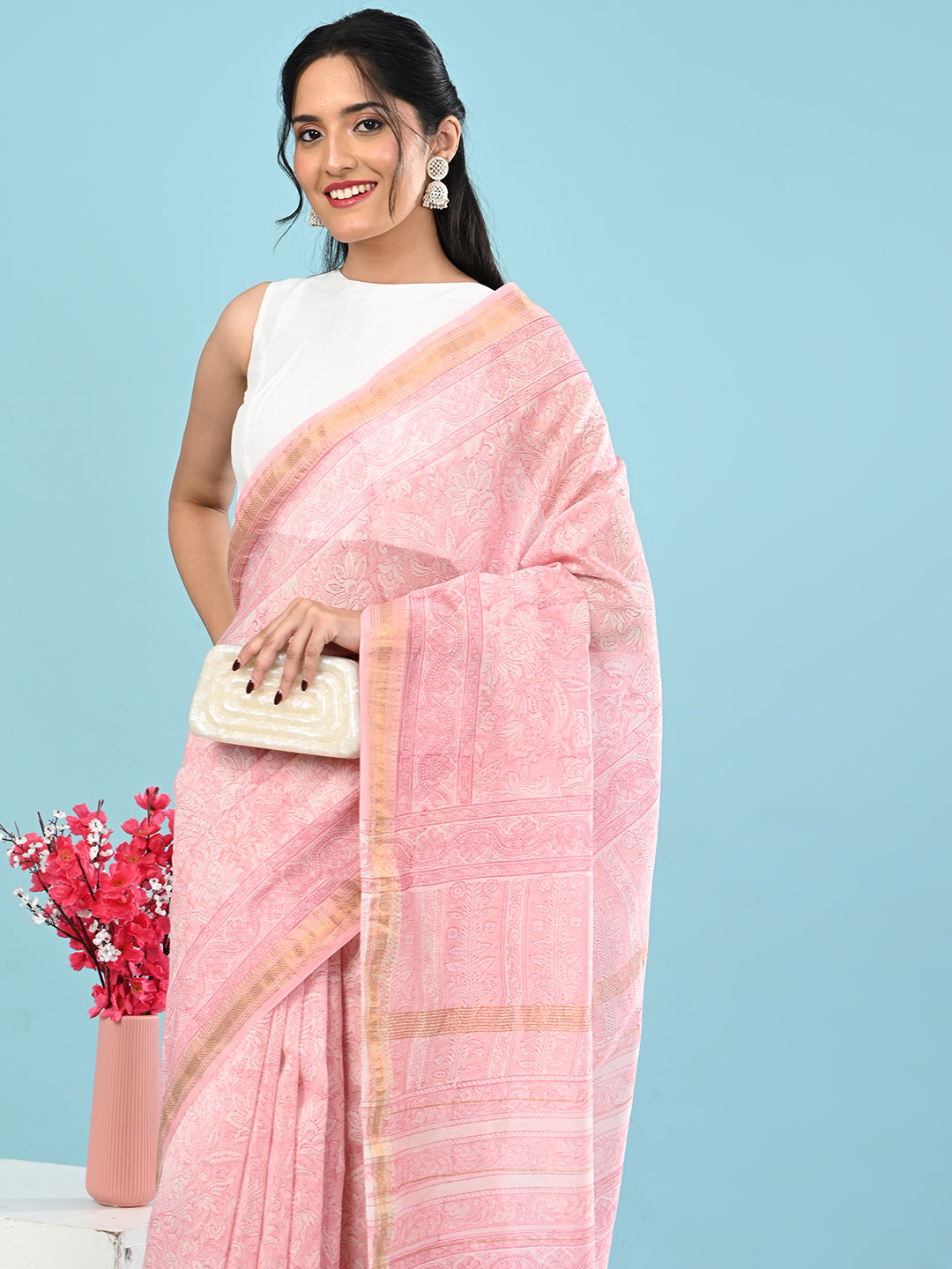 Marupushpa Pink Block Print Saree