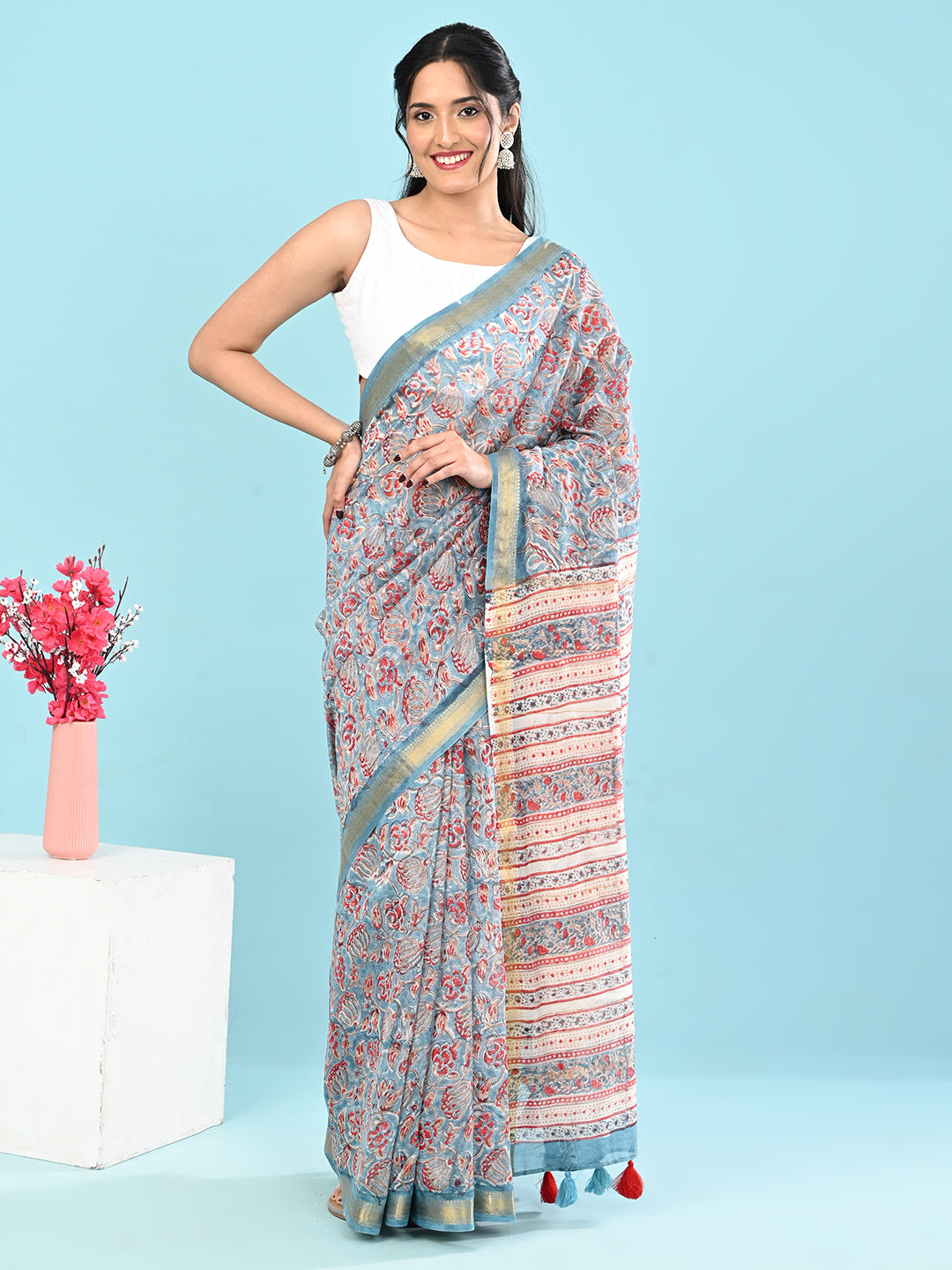 Marupushpa Blue Block Print Saree