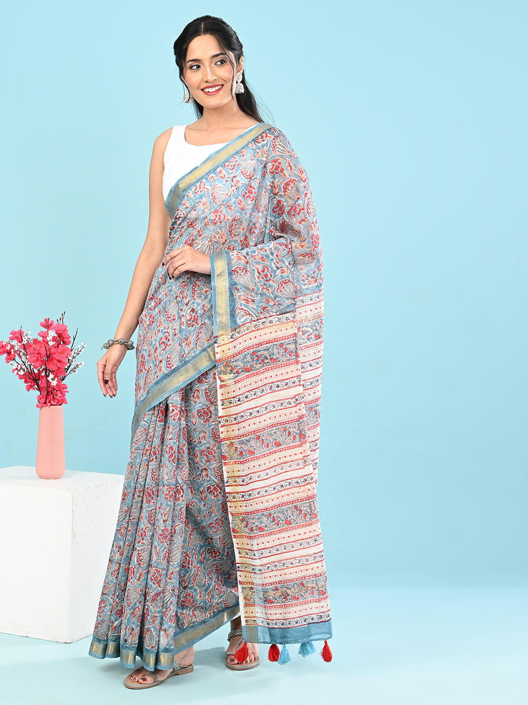 Marupushpa Blue Block Print Saree