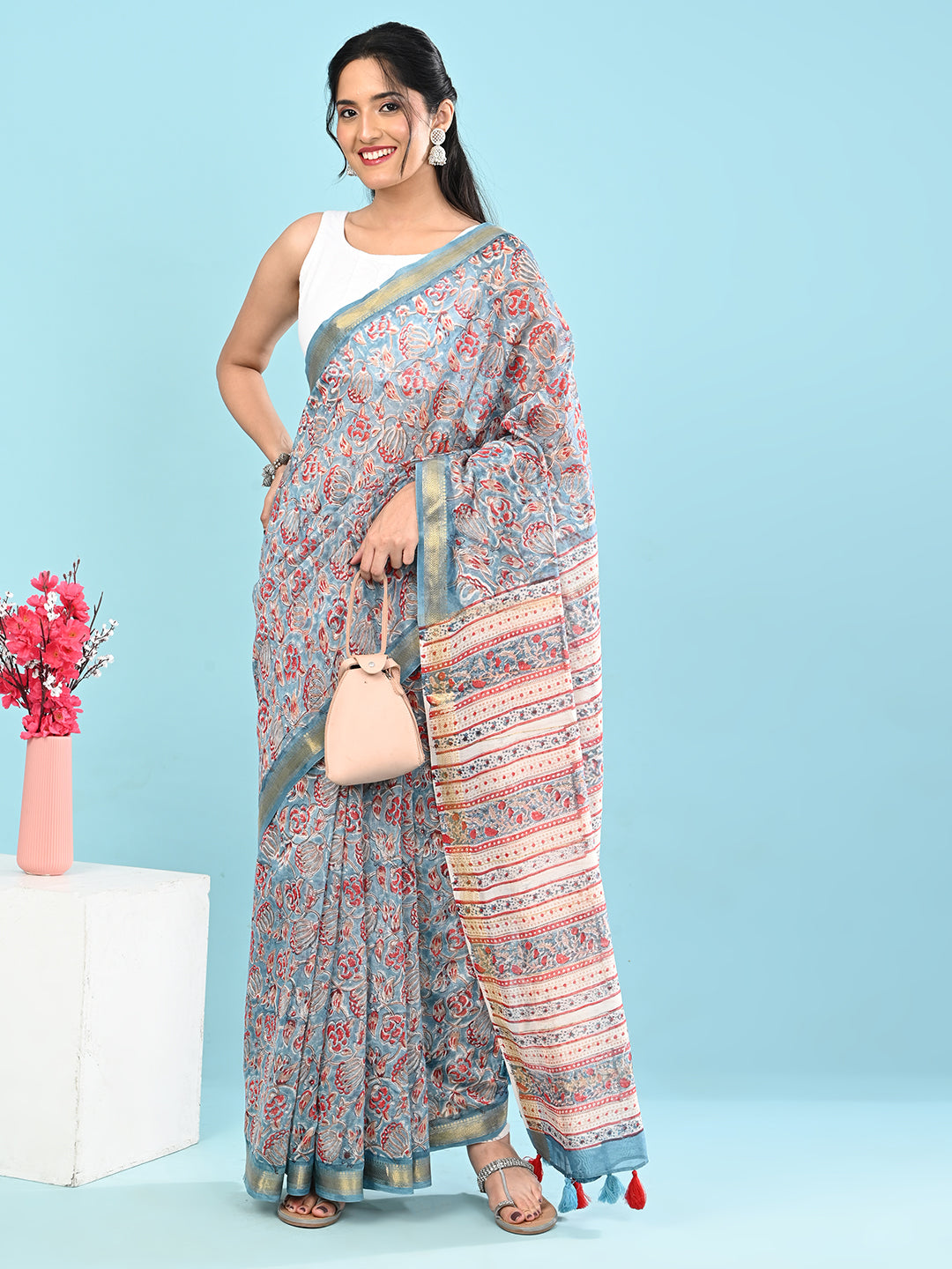 Marupushpa Blue Block Print Saree