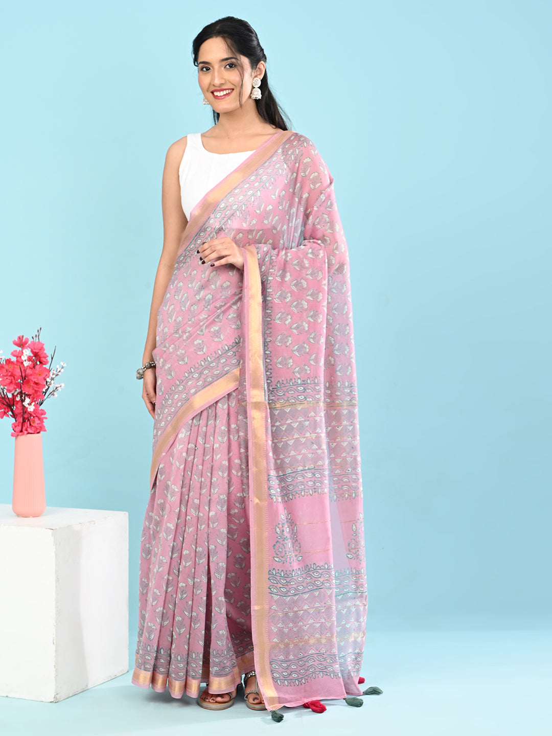 Marupushpa Pink Block Print Saree