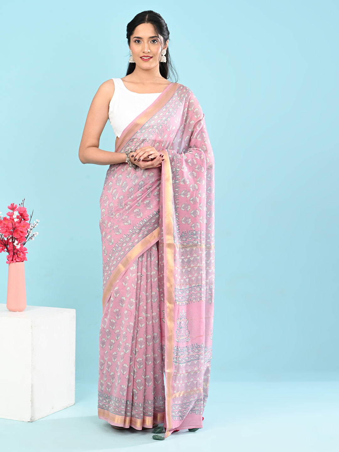 Marupushpa Pink Block Print Saree