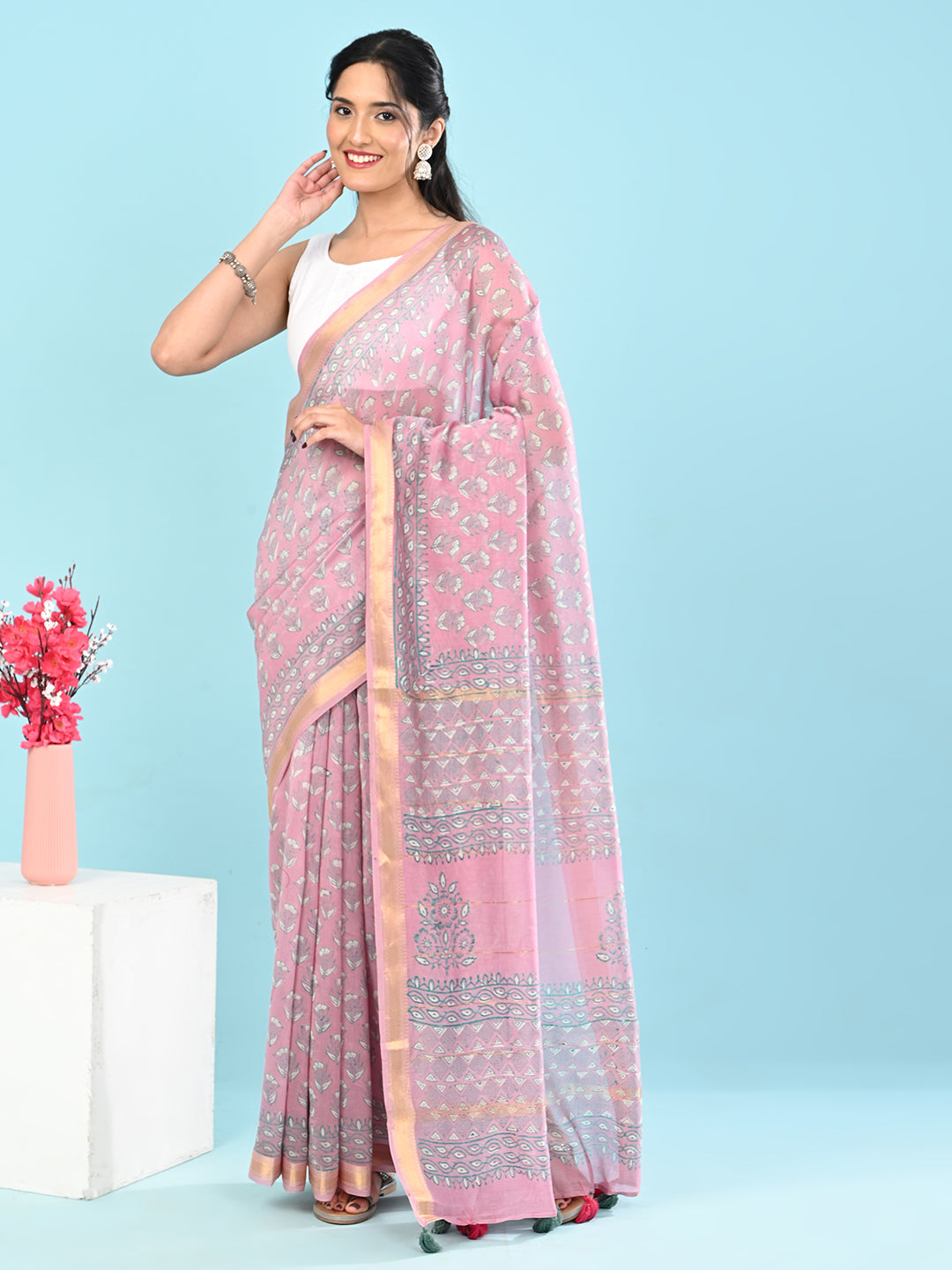 Marupushpa Pink Block Print Saree