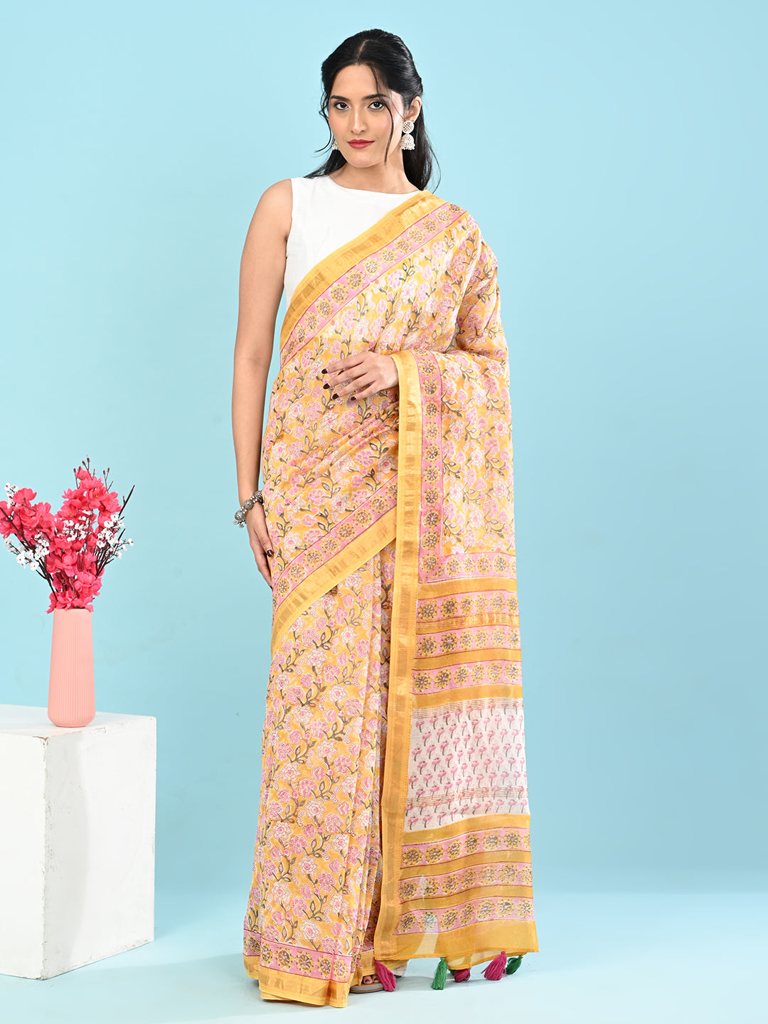 Marupushpa Yellow Block Print Saree