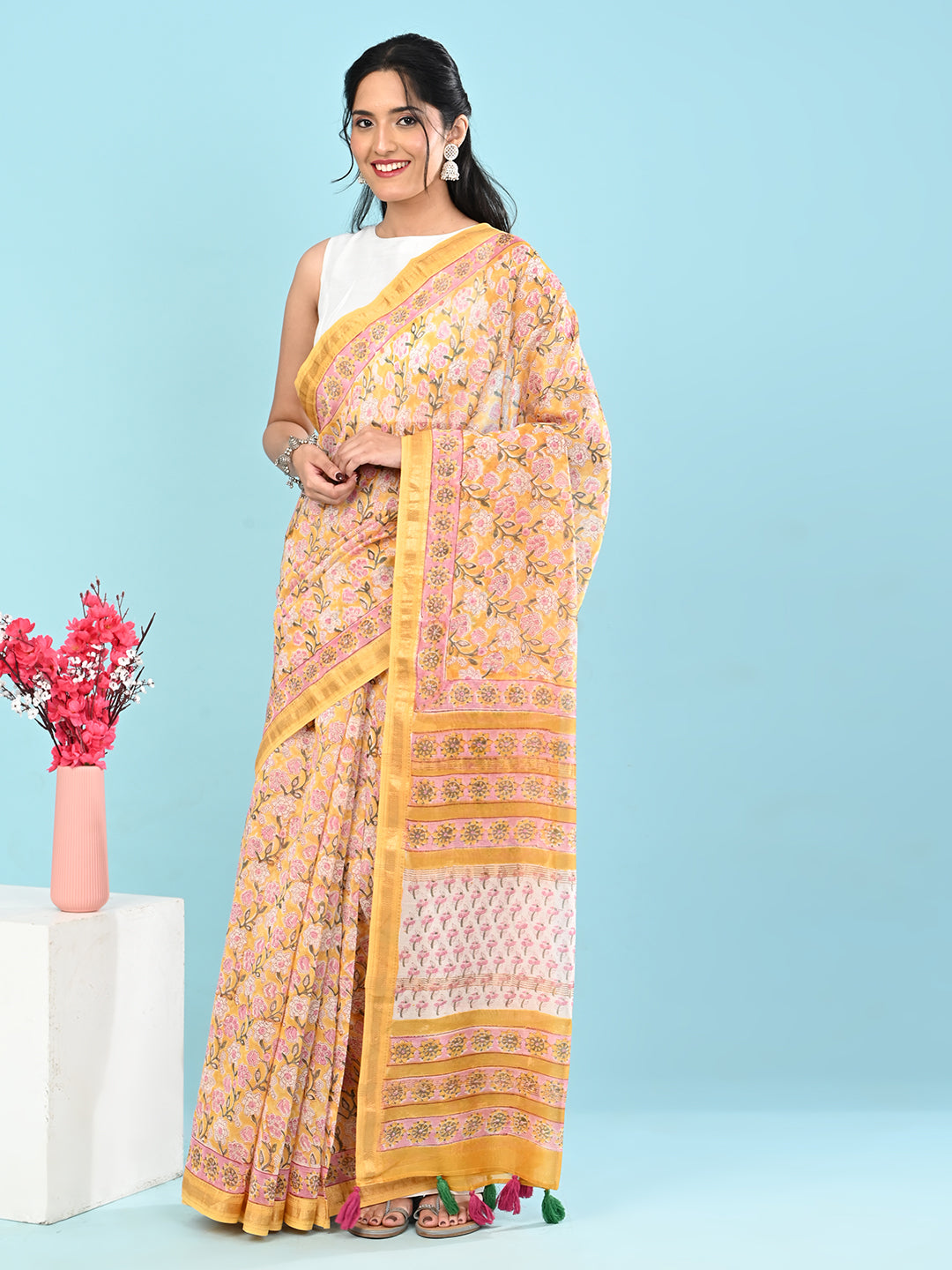 Marupushpa Yellow Block Print Saree