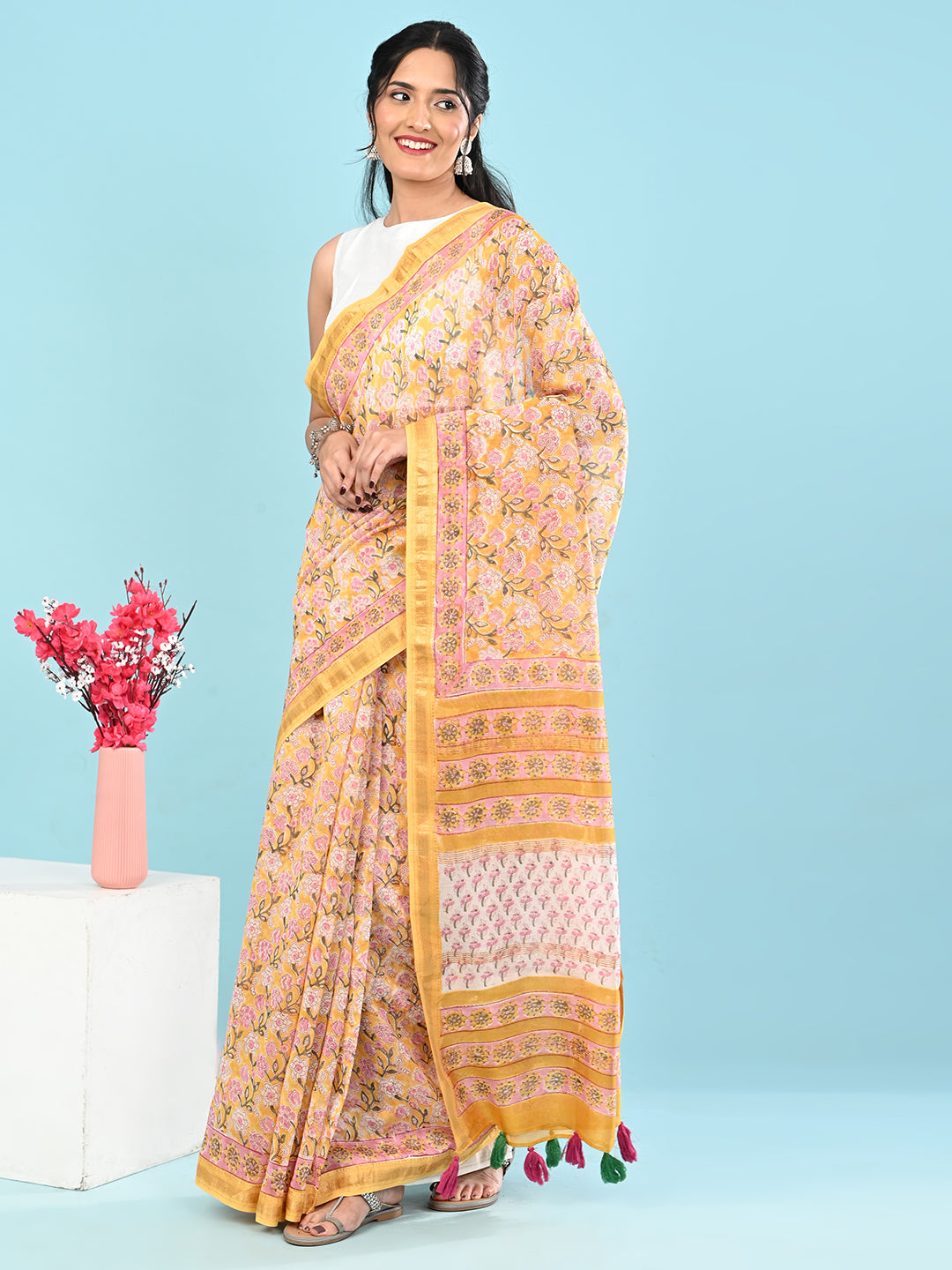 Marupushpa Yellow Block Print Saree
