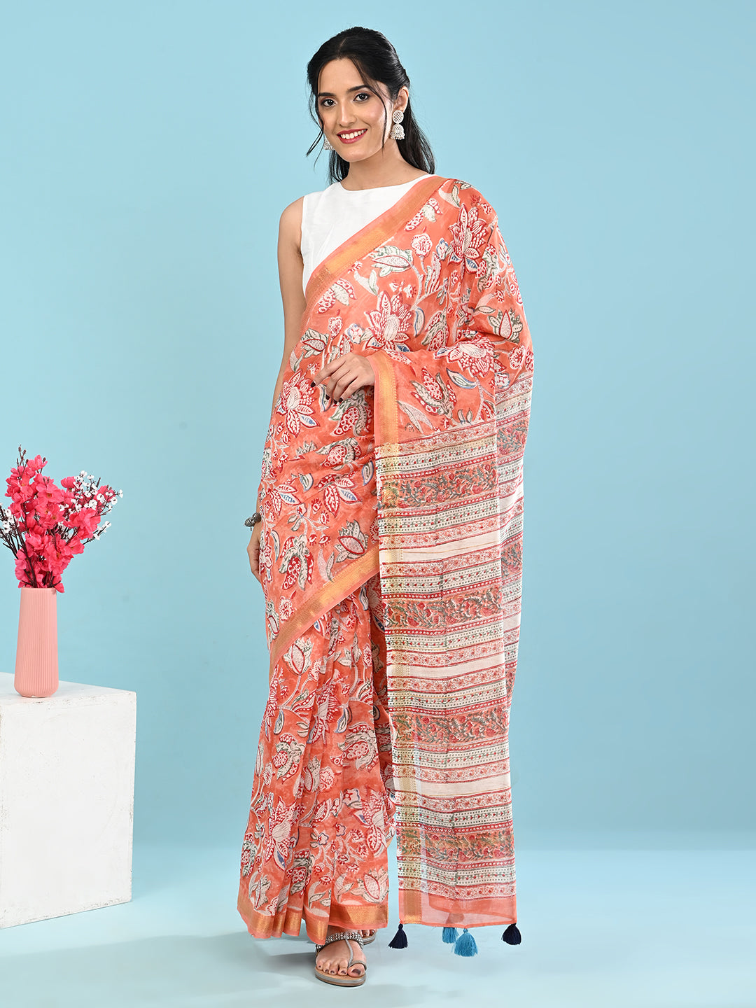 Marupushpa Coral Block Print Saree