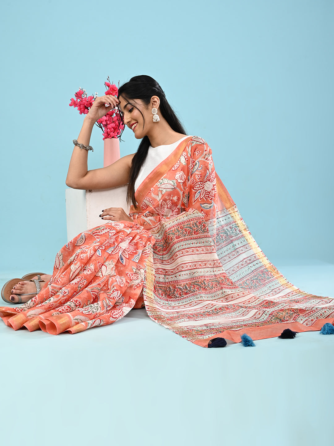 Marupushpa Coral Block Print Saree