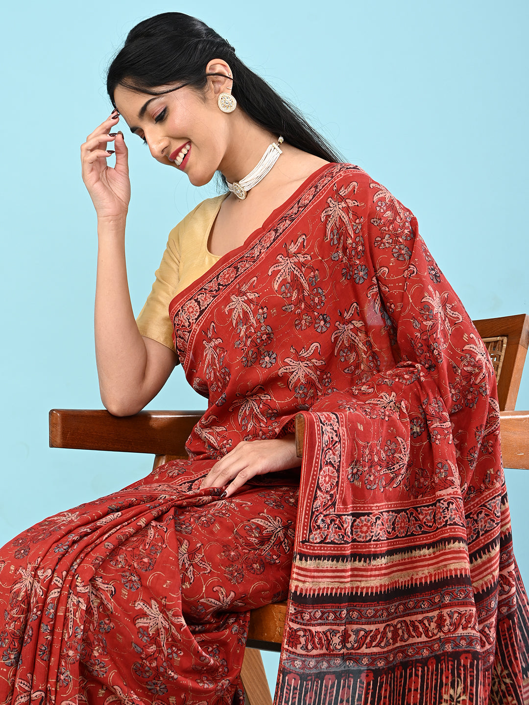 Sunheri Red Ajrakh Saree