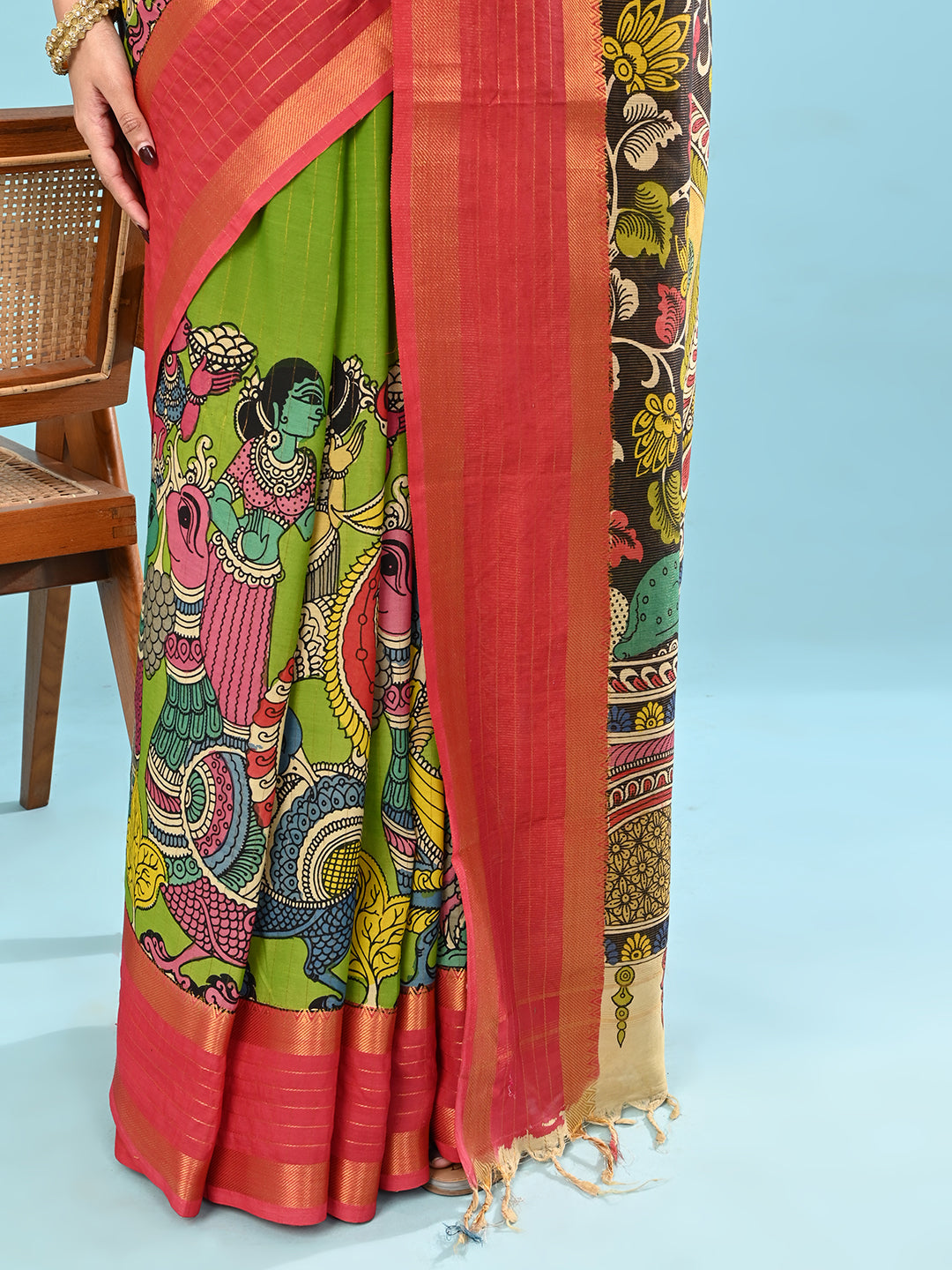 Manjari Parrot Green Pen Kalamkari Saree
