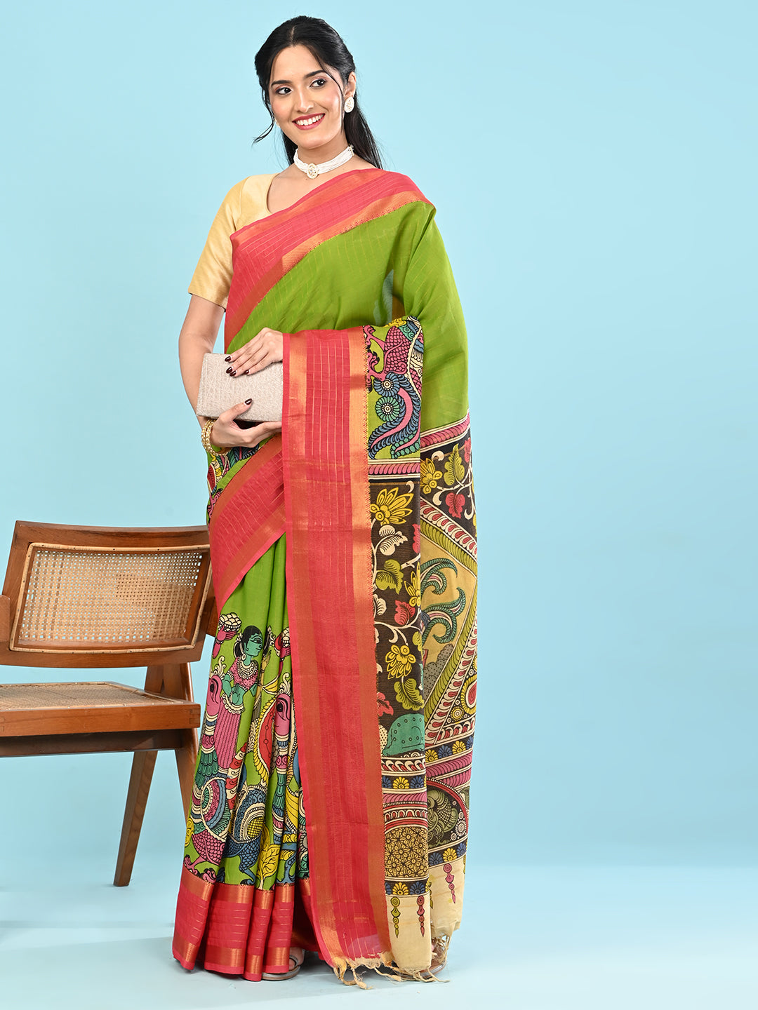 Manjari Parrot Green Pen Kalamkari Saree