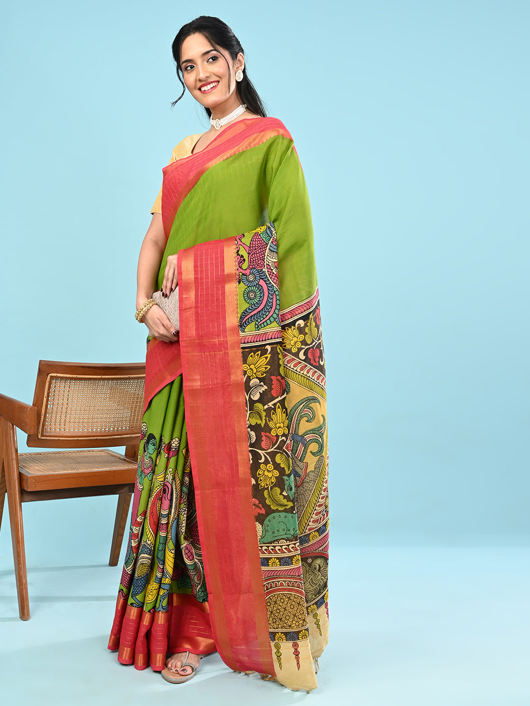 Manjari Parrot Green Pen Kalamkari Saree