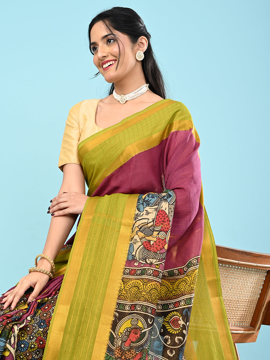 Manjari Purple Pen Kalamkari Saree
