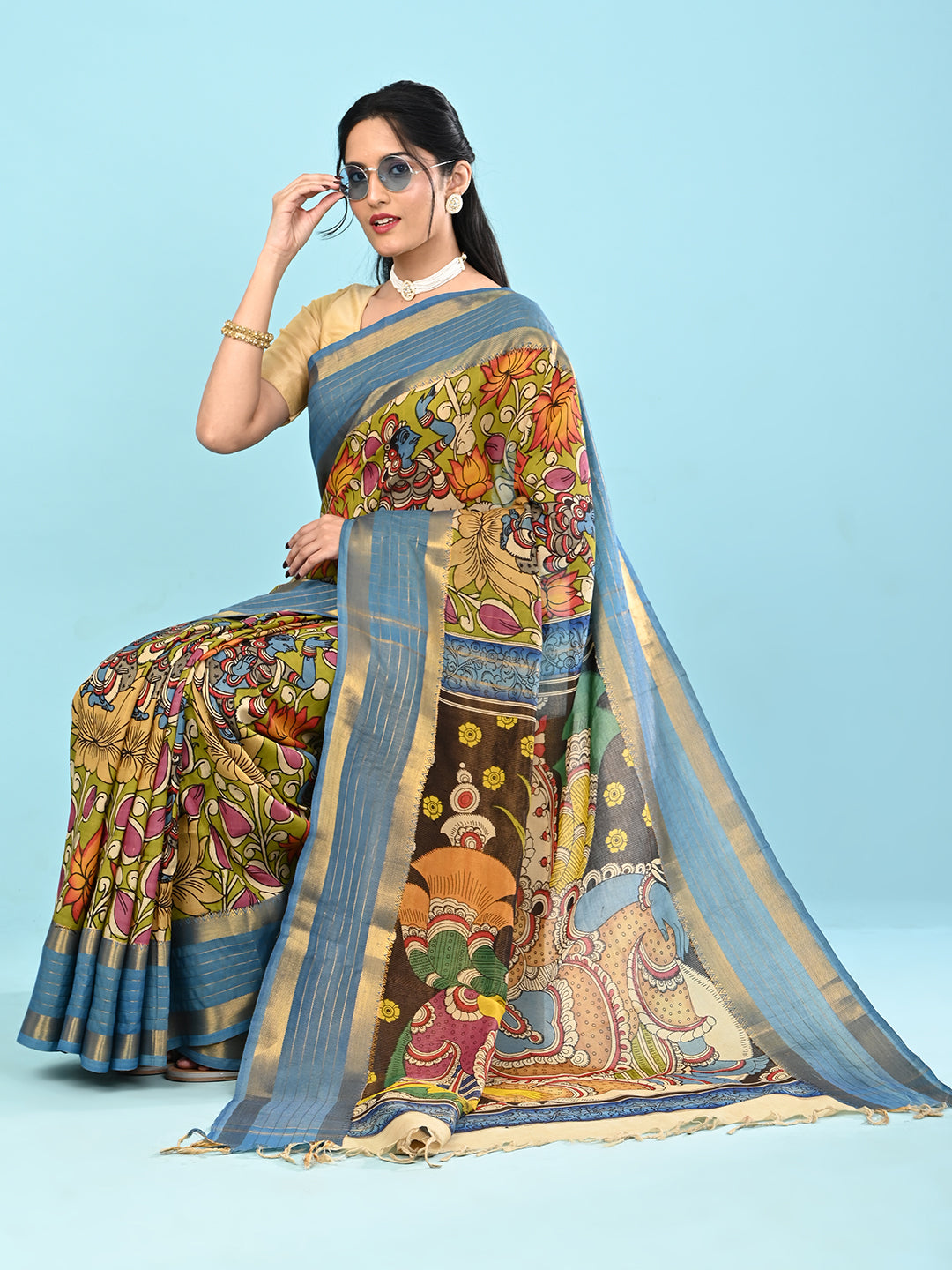 Manjari Lime Green Pen Kalamkari Saree