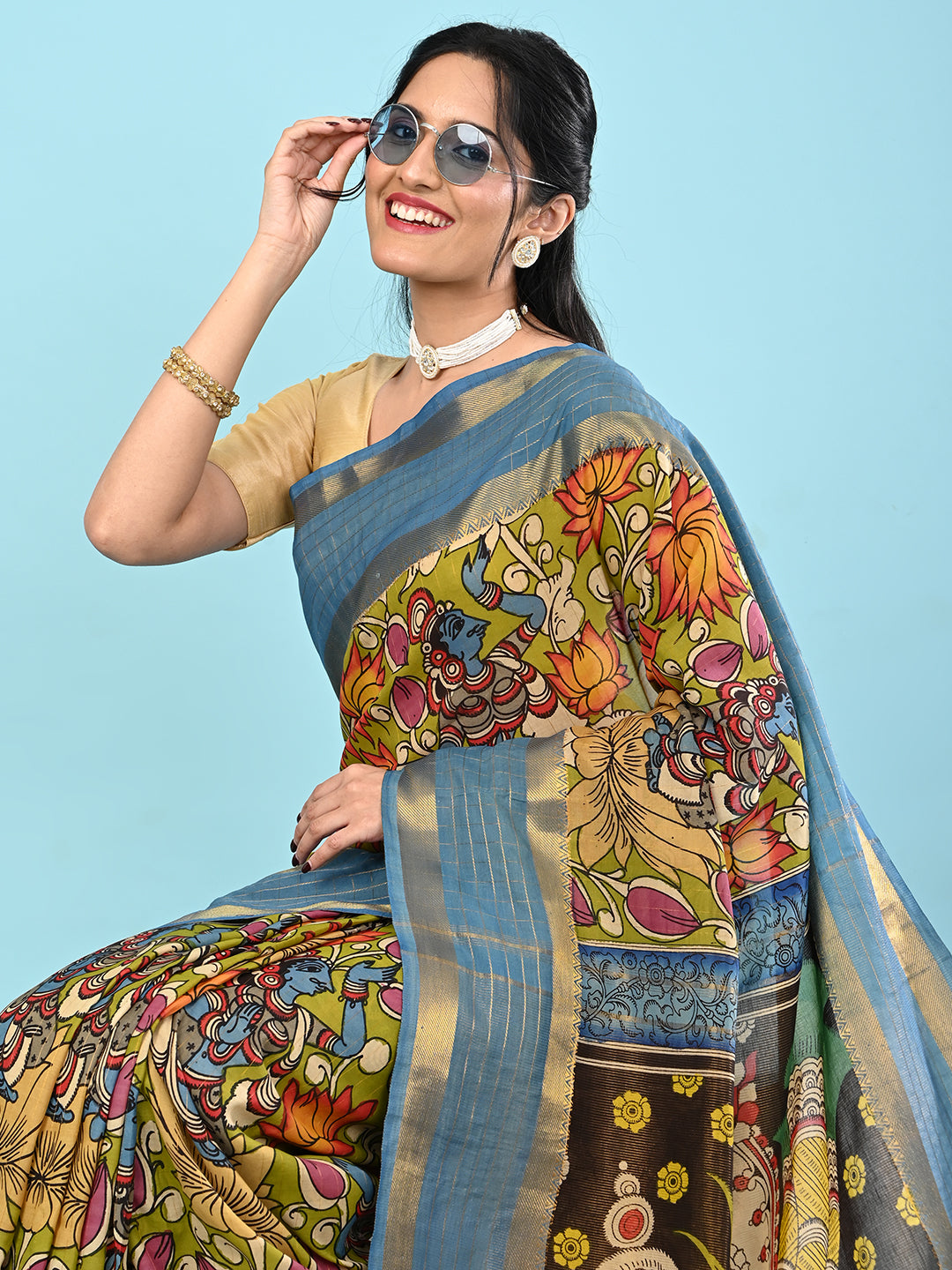 Manjari Lime Green Pen Kalamkari Saree