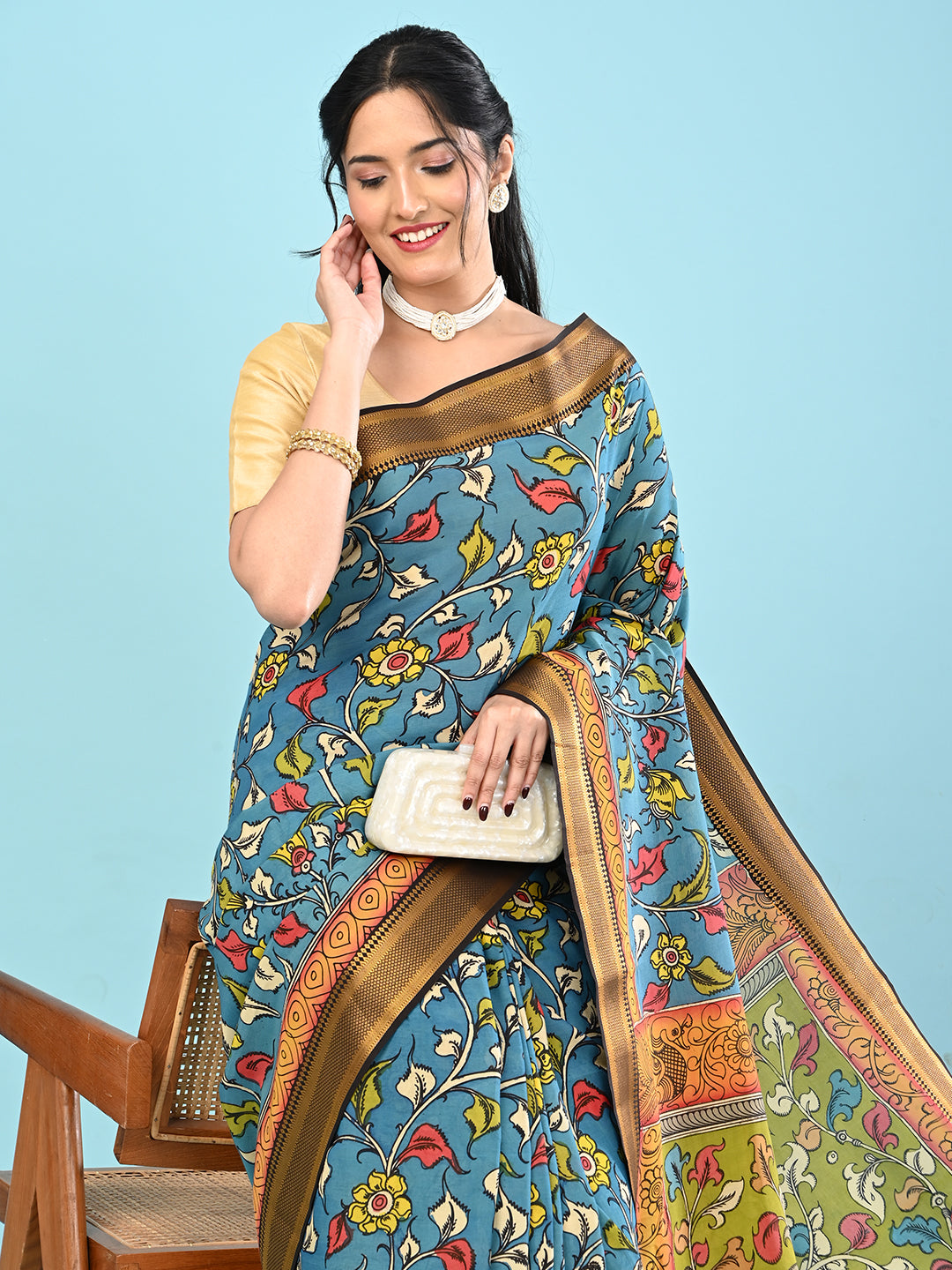 Manjari Blue Pen Kalamkari Saree