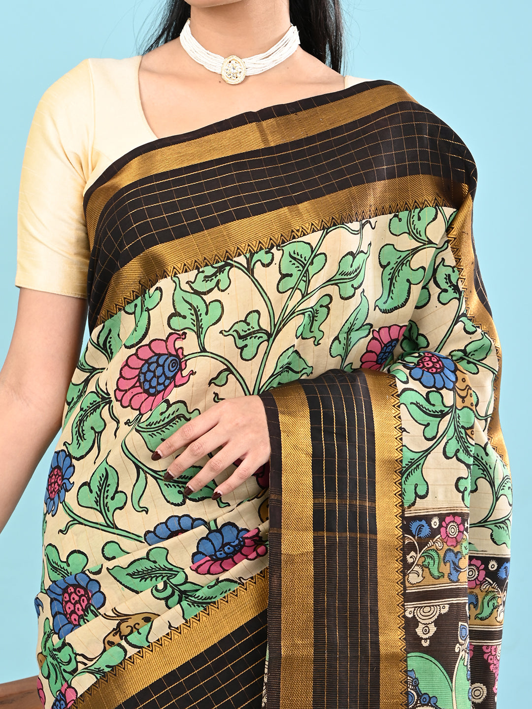 Manjari Cream Pen Kalamkari Saree