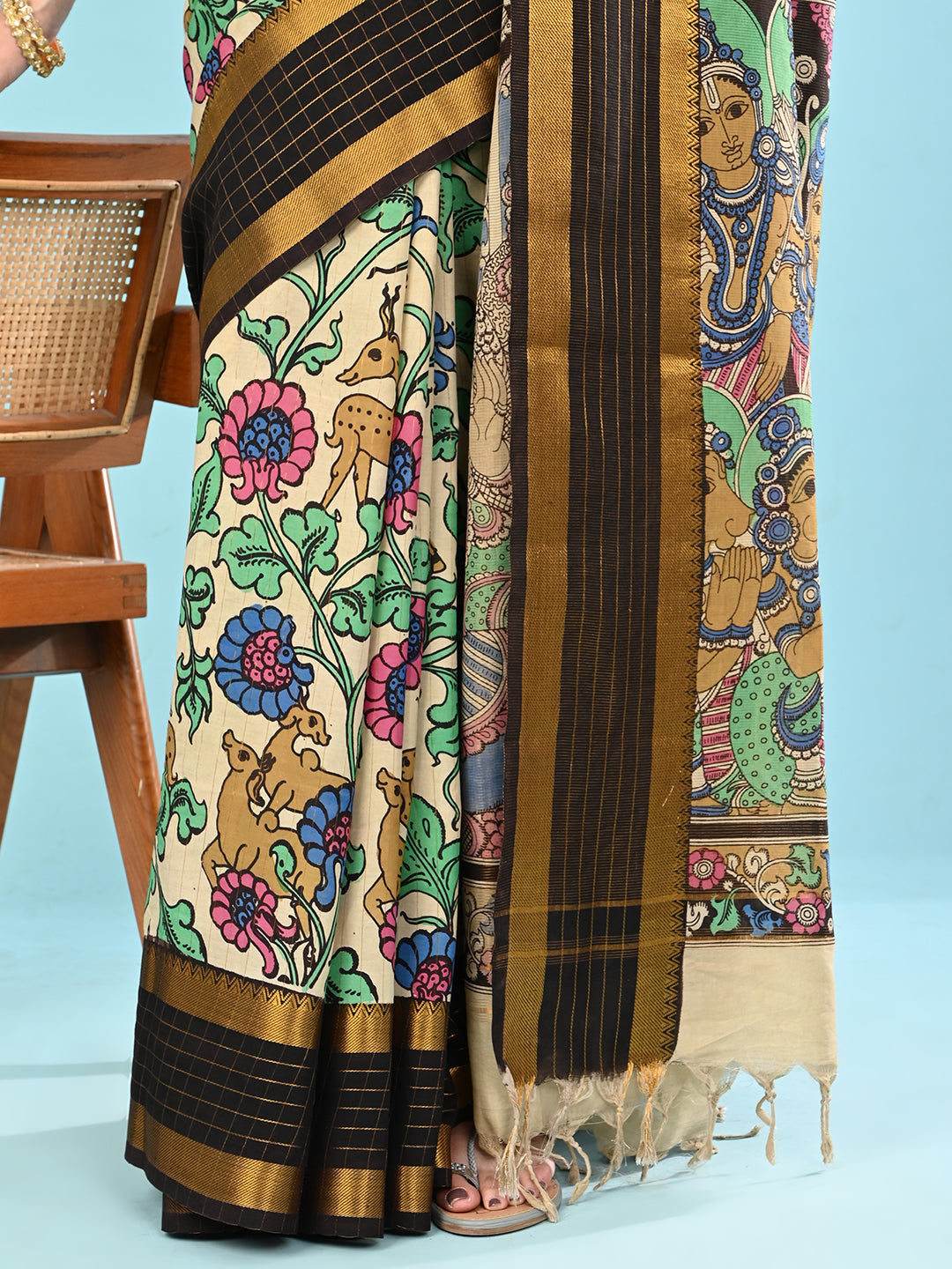 Manjari Cream Pen Kalamkari Saree