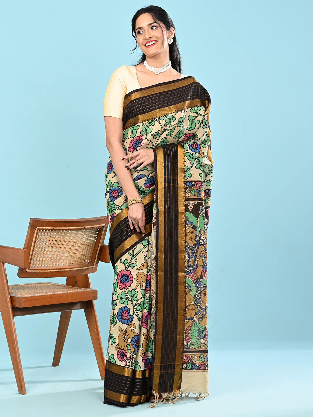Manjari Cream Pen Kalamkari Saree