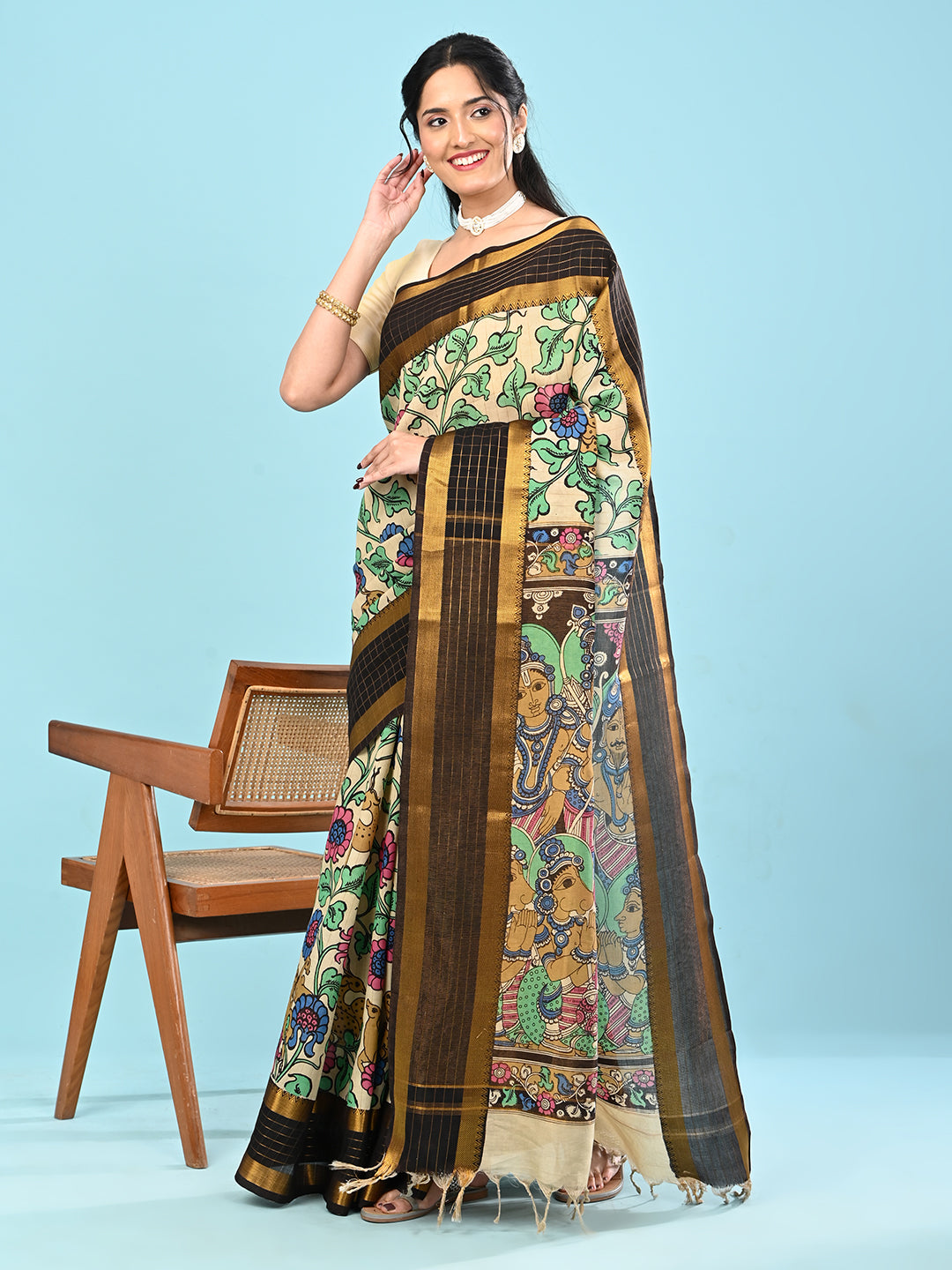 Manjari Cream Pen Kalamkari Saree