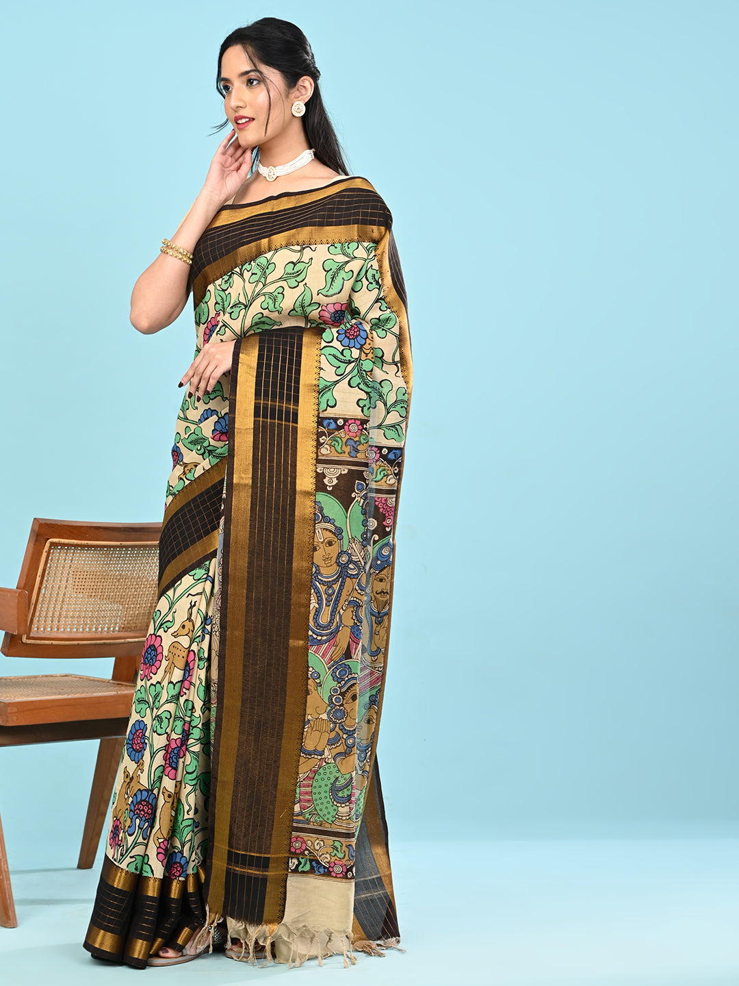 Manjari Cream Pen Kalamkari Saree