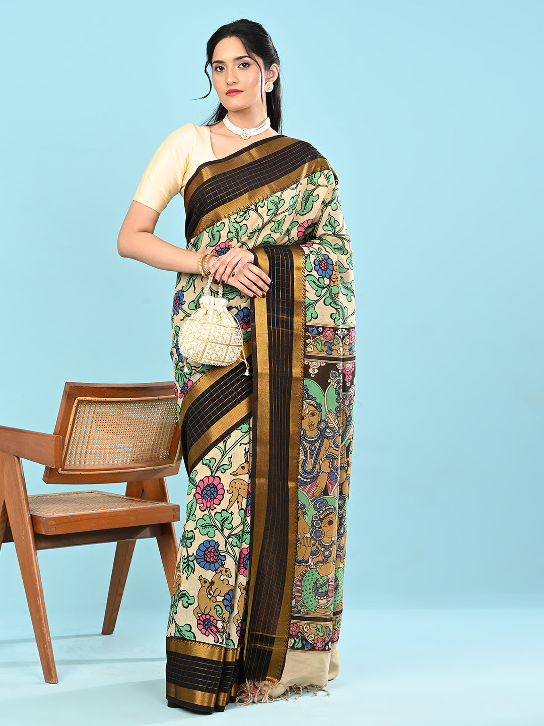 Manjari Cream Pen Kalamkari Saree