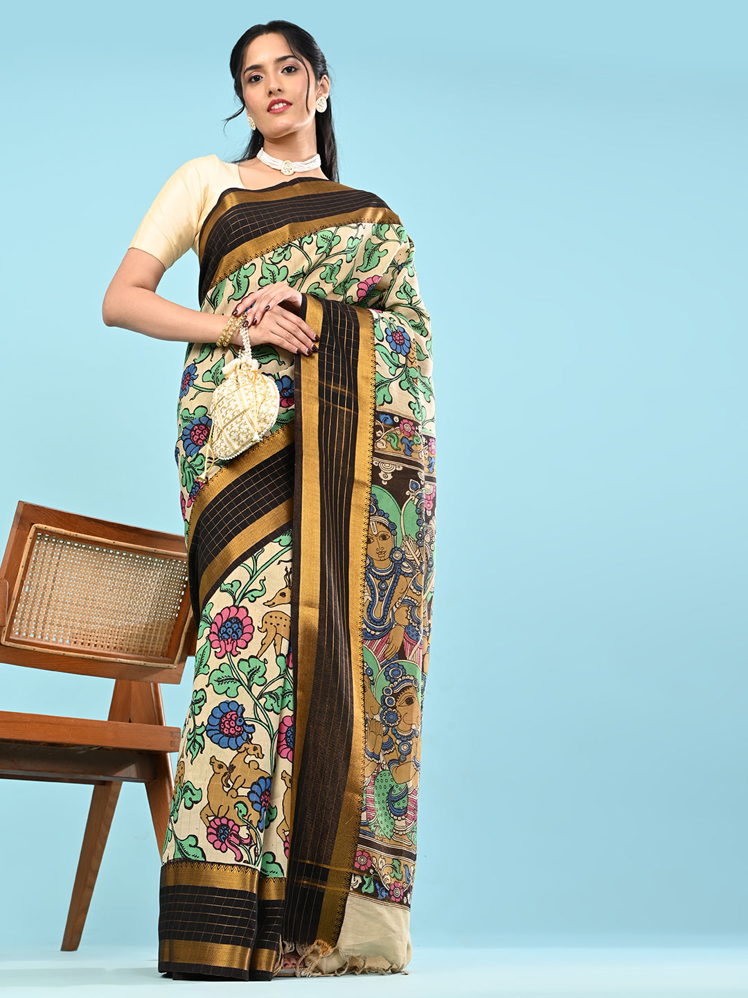 Manjari Cream Pen Kalamkari Saree