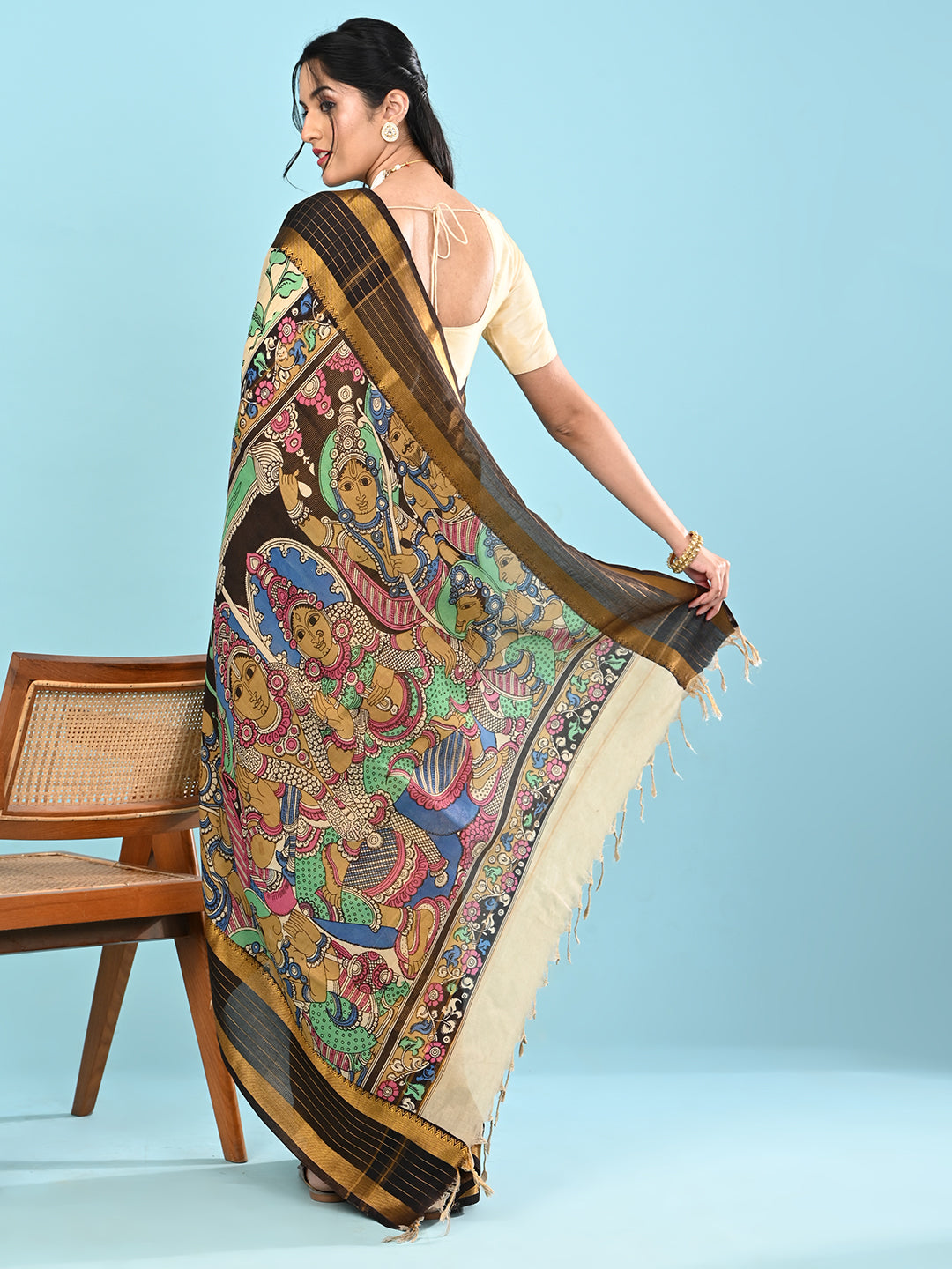 Manjari Cream Pen Kalamkari Saree