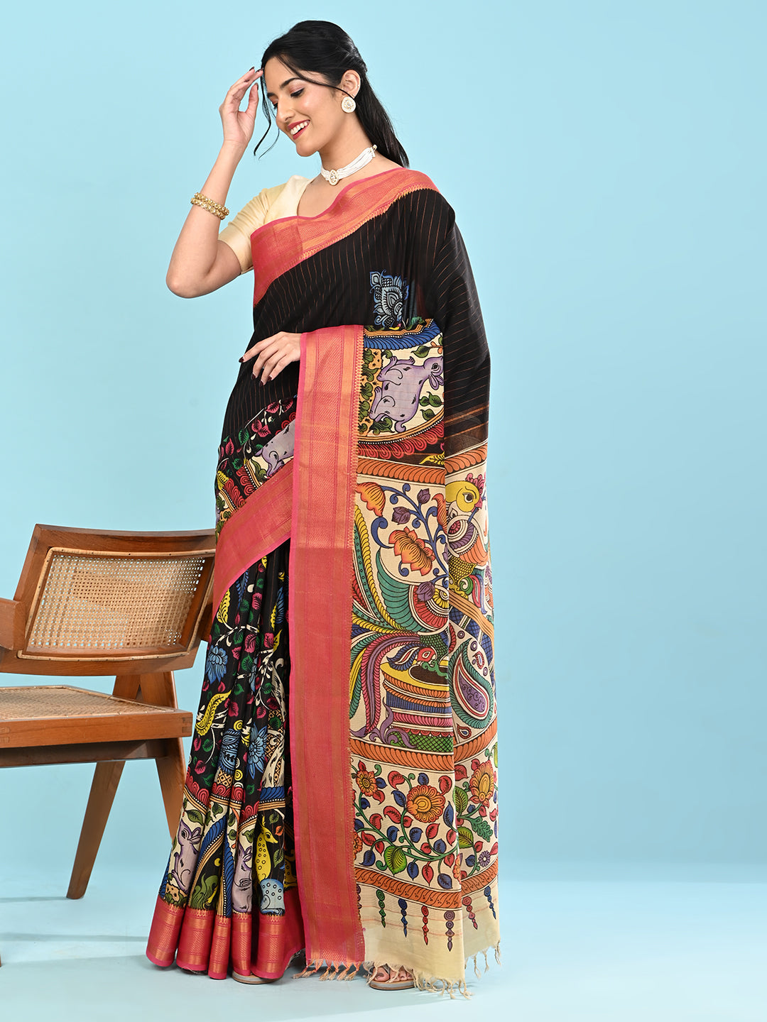 Manjari Black Pen Kalamkari Saree