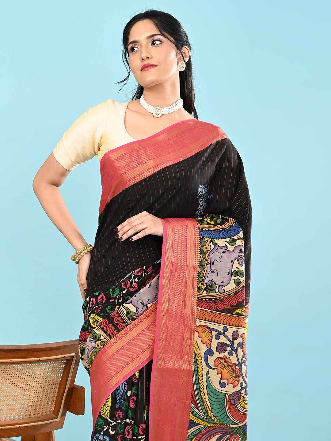 Manjari Black Pen Kalamkari Saree