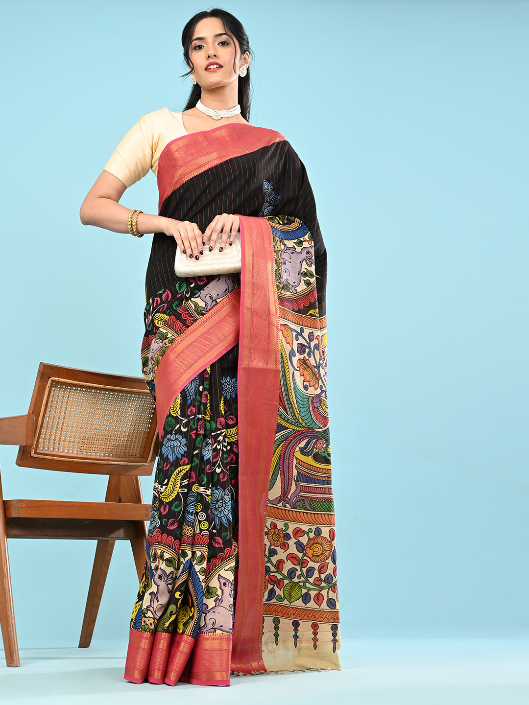 Manjari Black Pen Kalamkari Saree