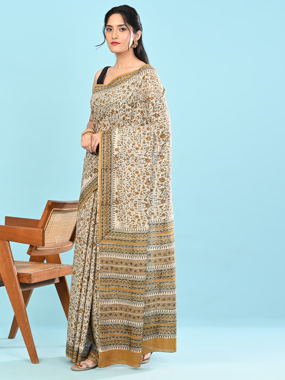 Chaap Khaki Bagru Saree