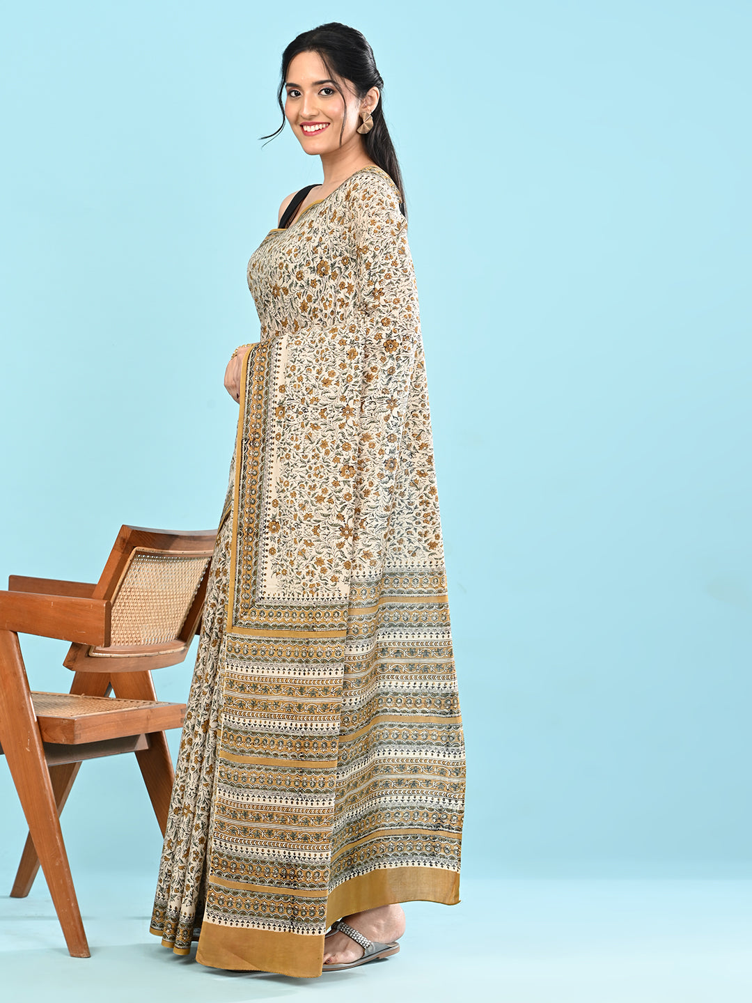 Chaap Khaki Bagru Saree