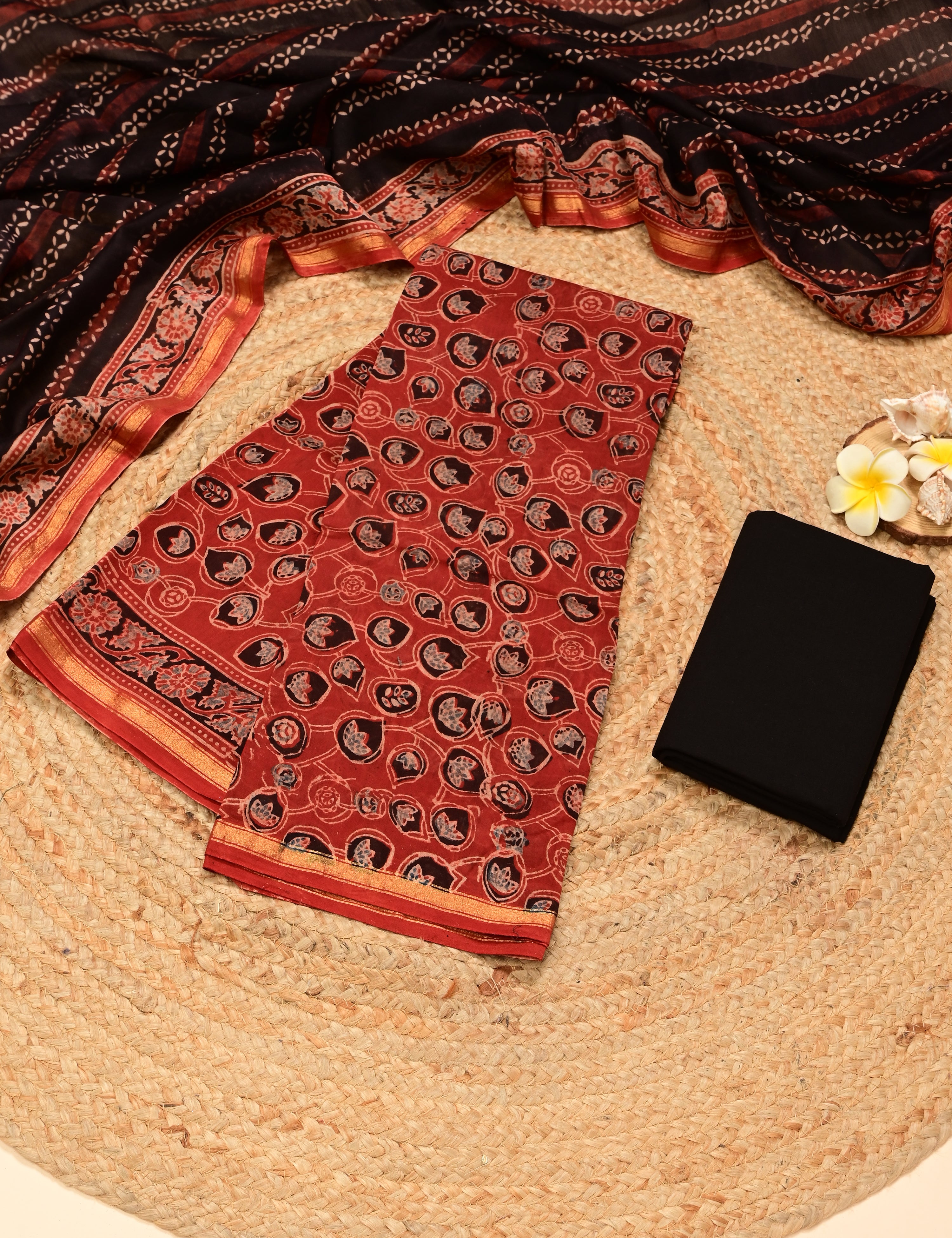 Durga Black Ajrakh Dress Material