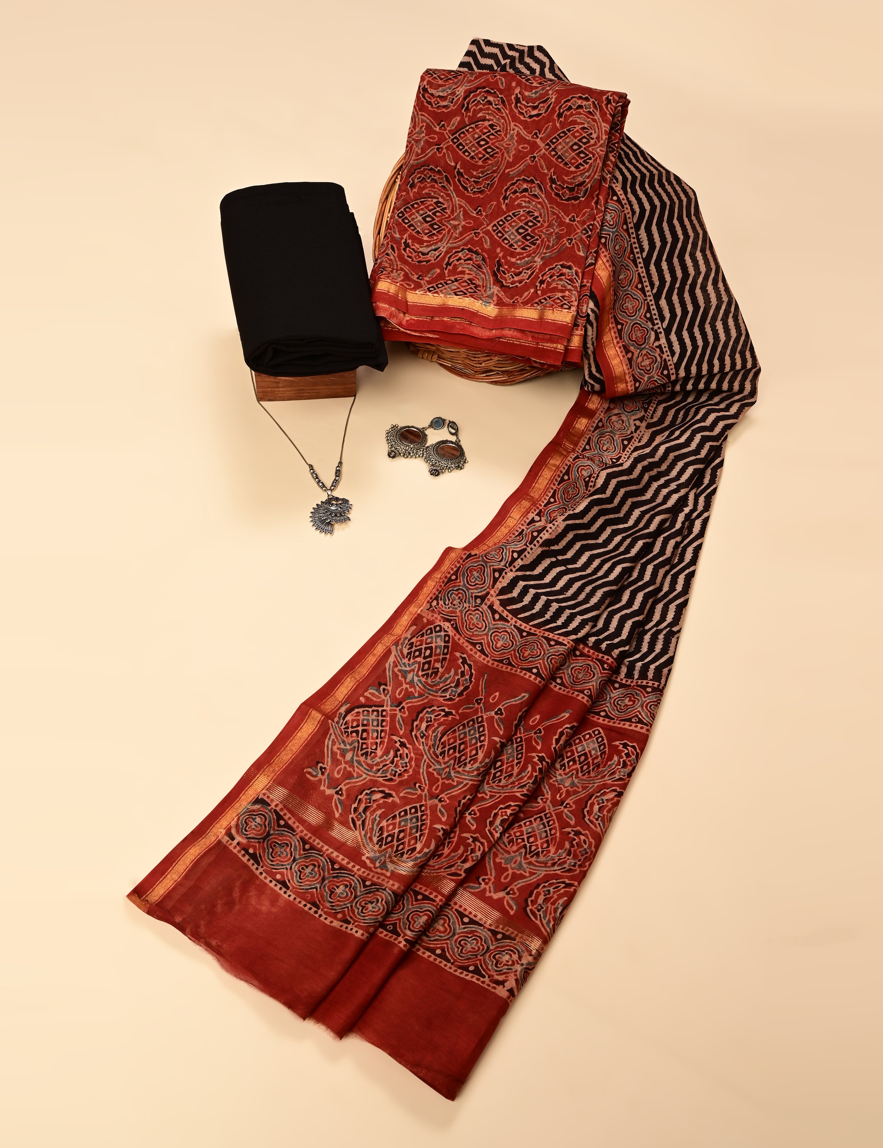 Durga Red Ajrakh Dress Material