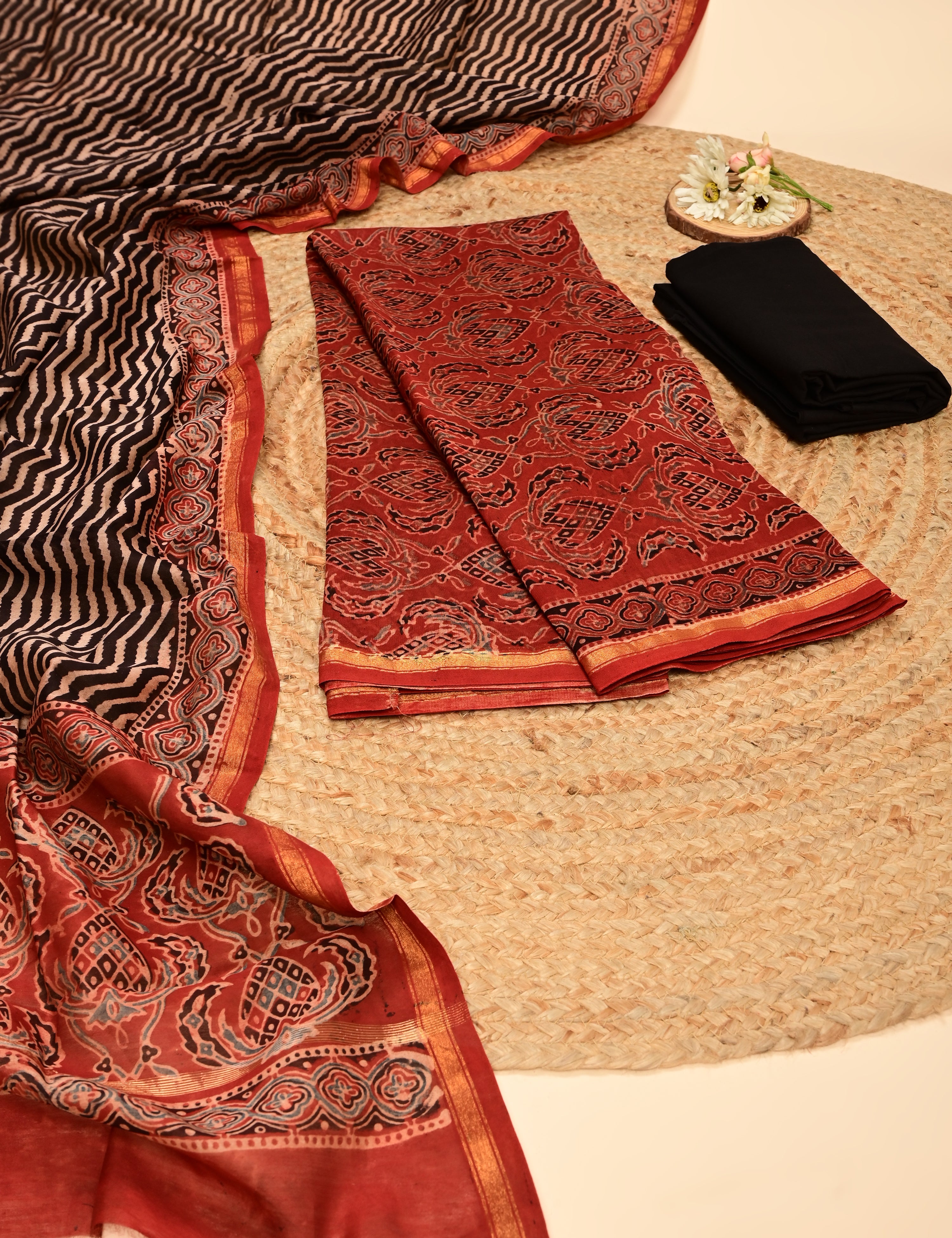 Durga Red Ajrakh Dress Material