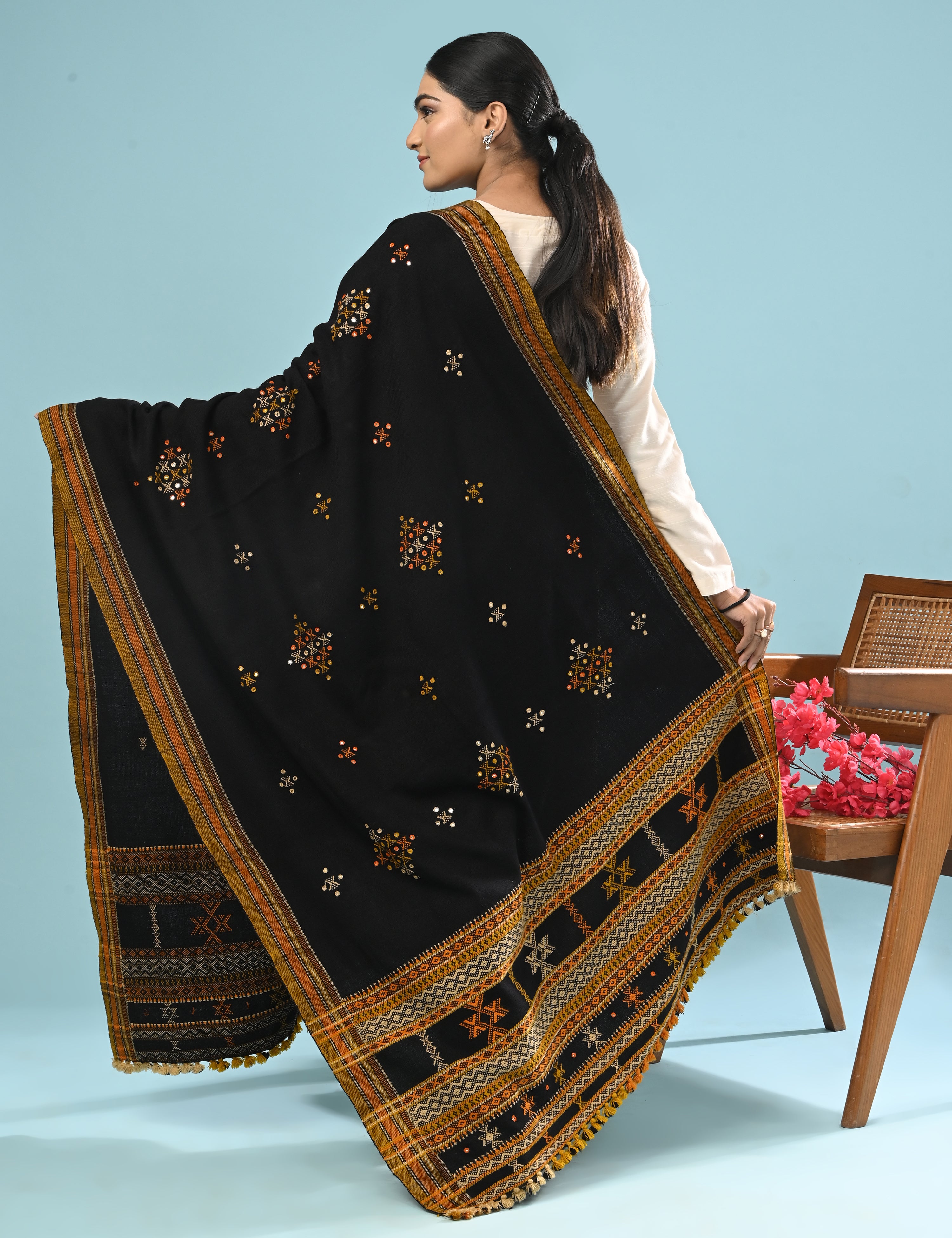 Thavare Black Kutch Embroidery Shawl