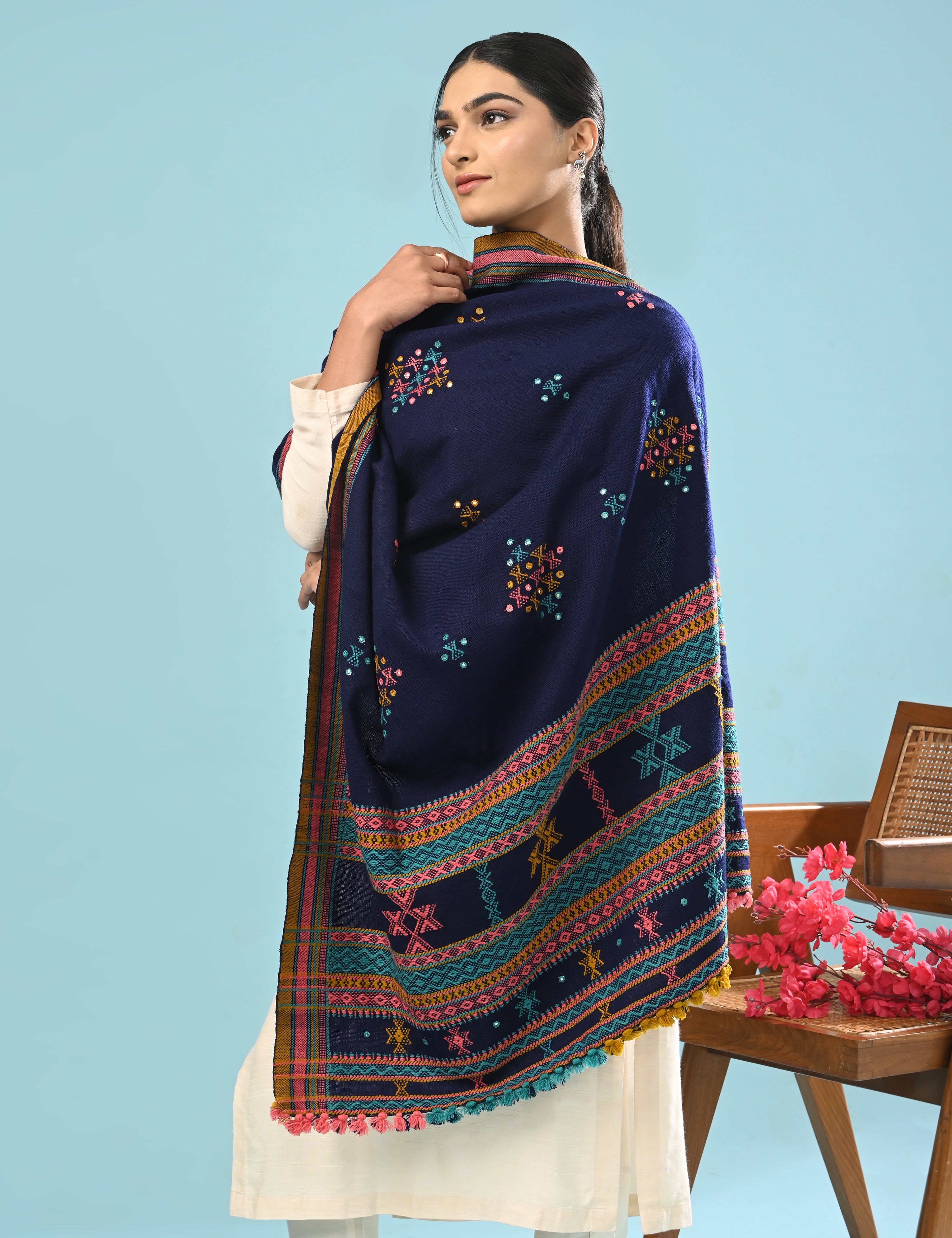 Thavare Royal Blue Kutch Embroidery Shawl