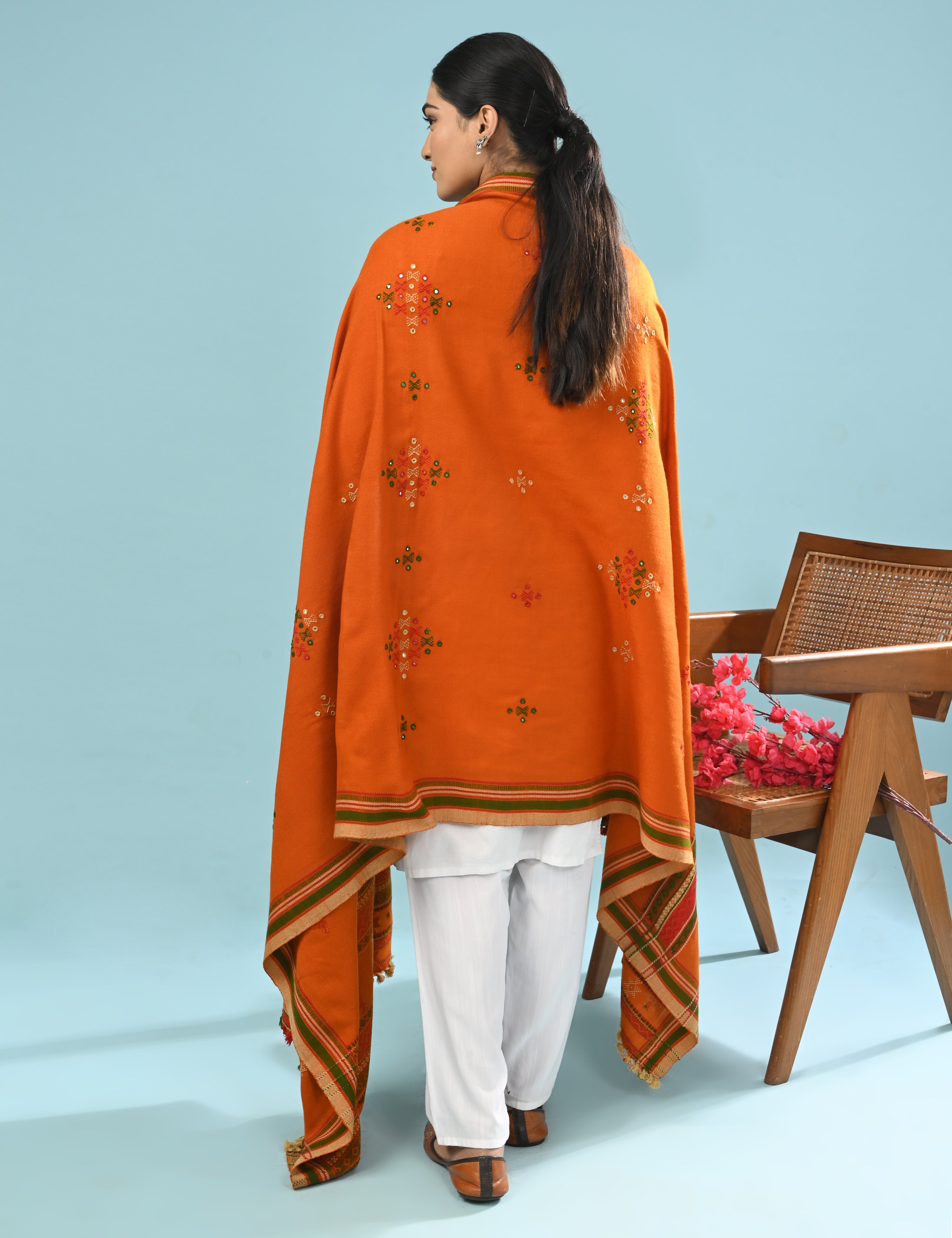 Thavare Orange Kutch Embroidery Shawl