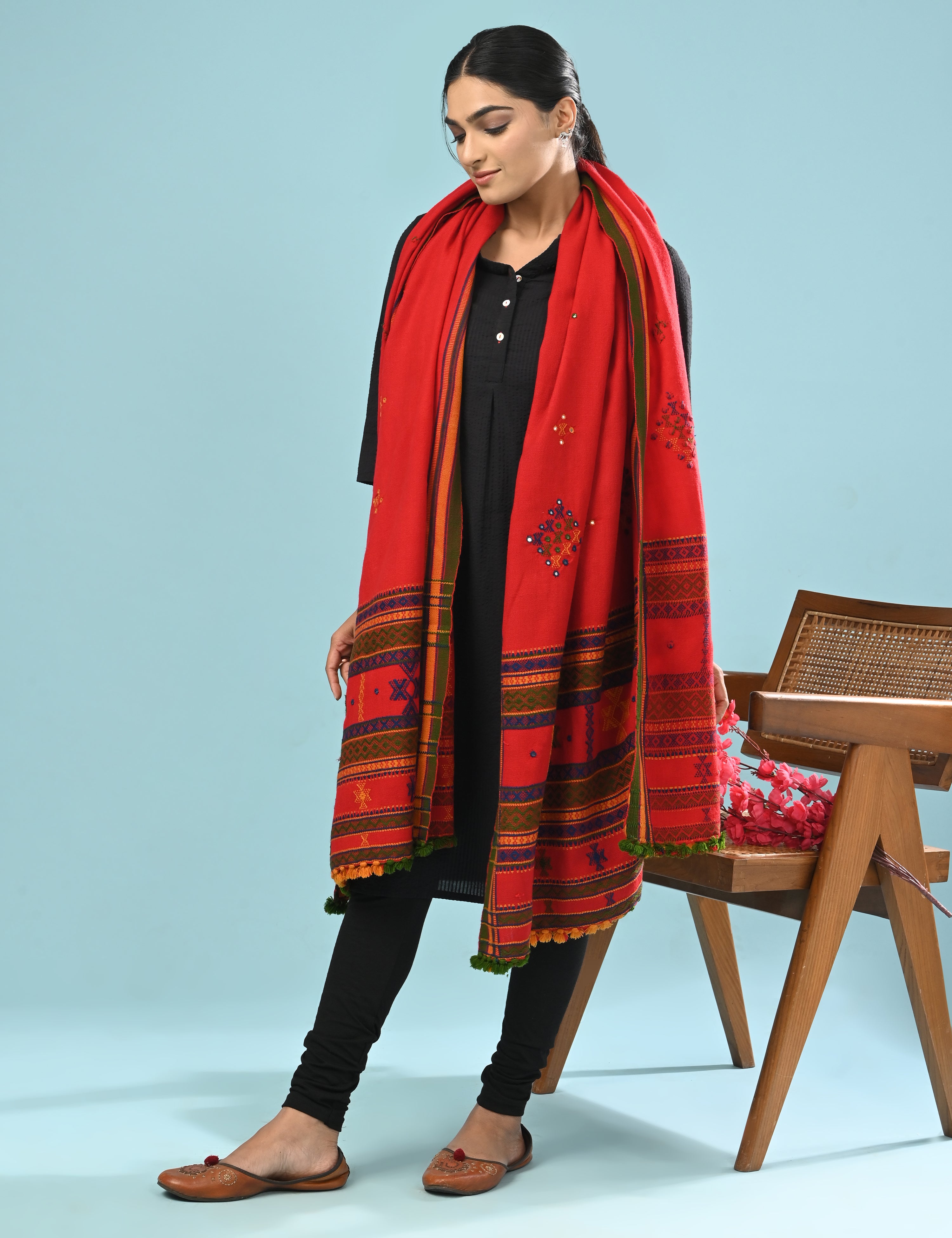 Thavare Red Kutch Embroidery Shawl