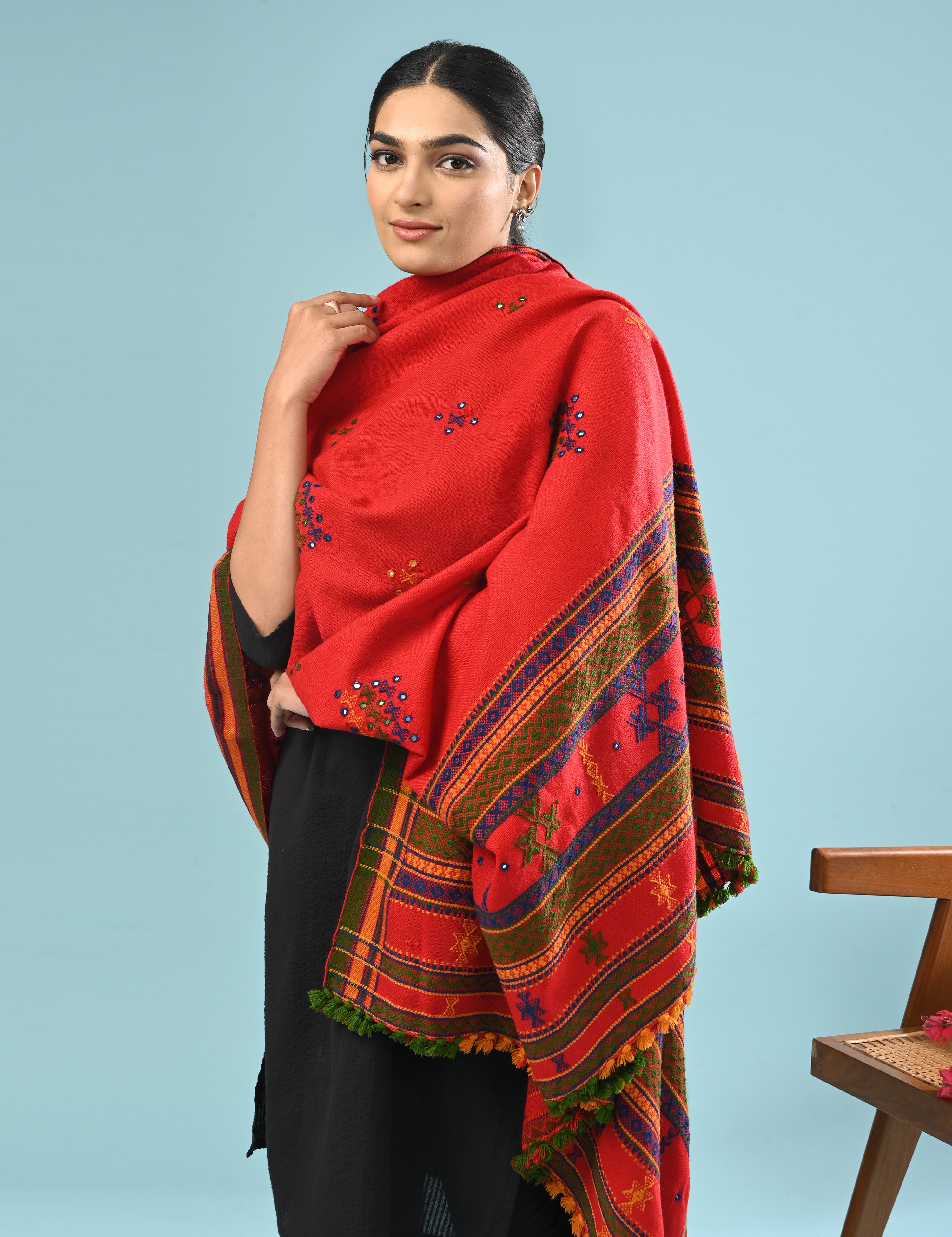 Thavare Red Kutch Embroidery Shawl
