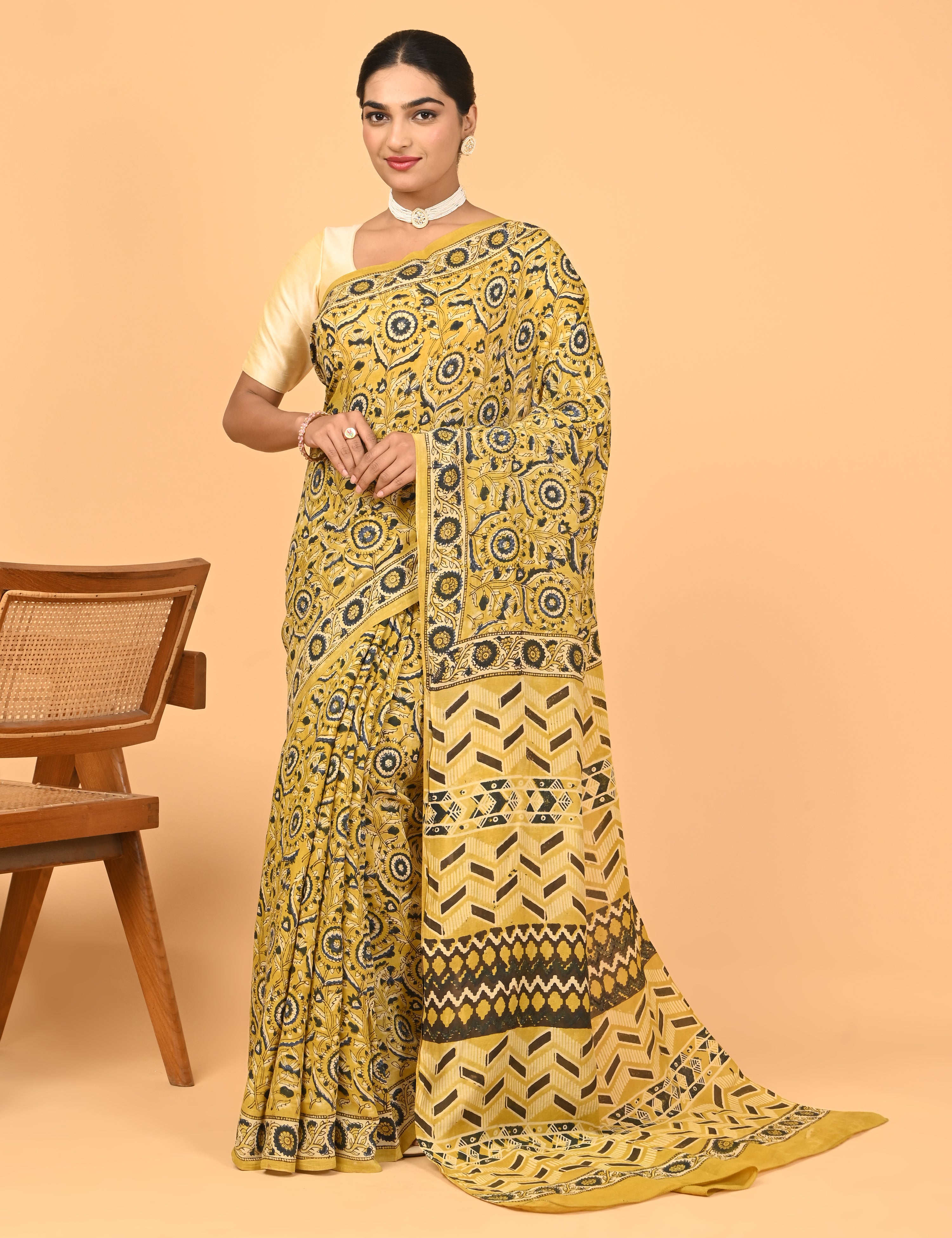 Chirtalekha Mustard Ajrakh Saree
