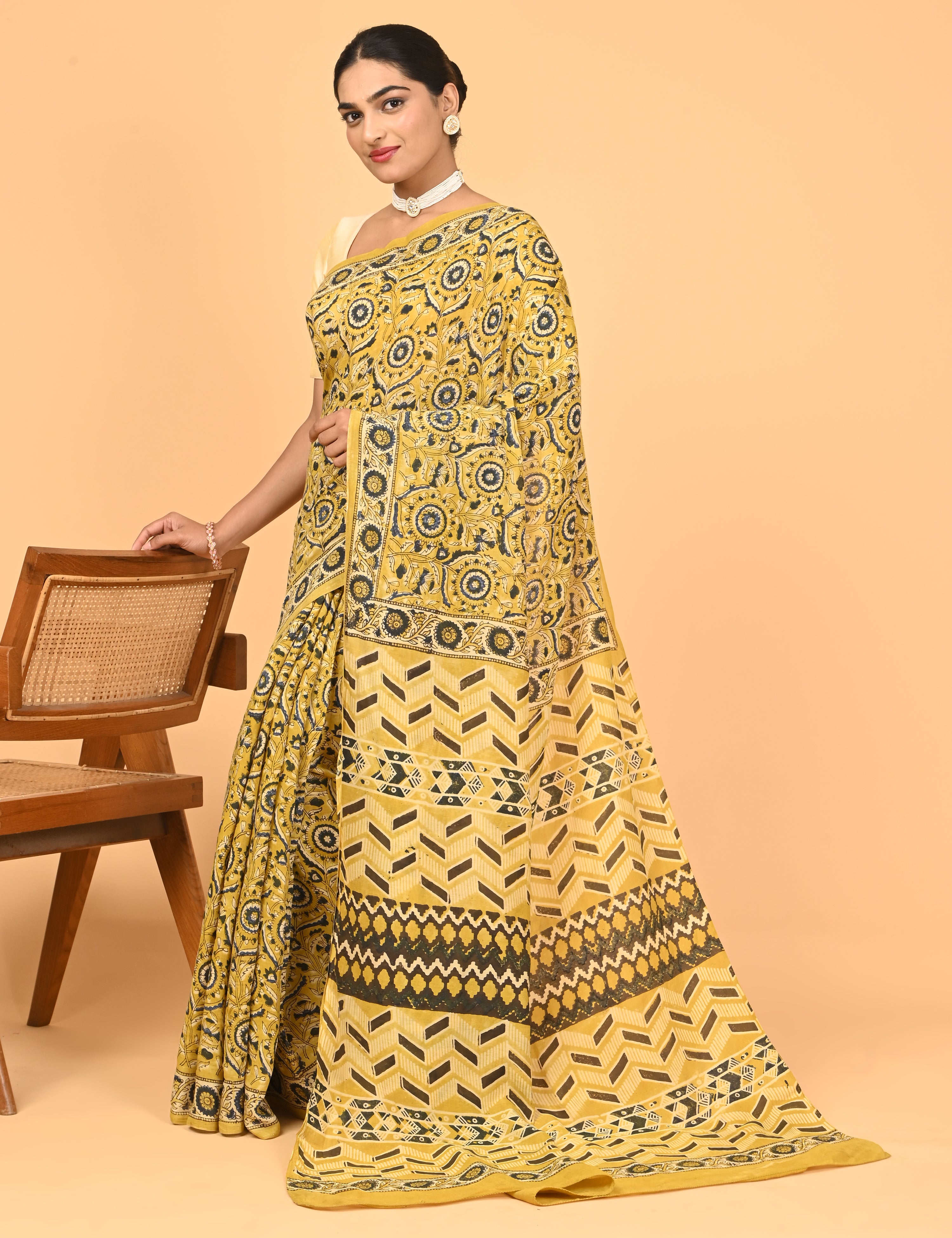 Chirtalekha Mustard Ajrakh Saree