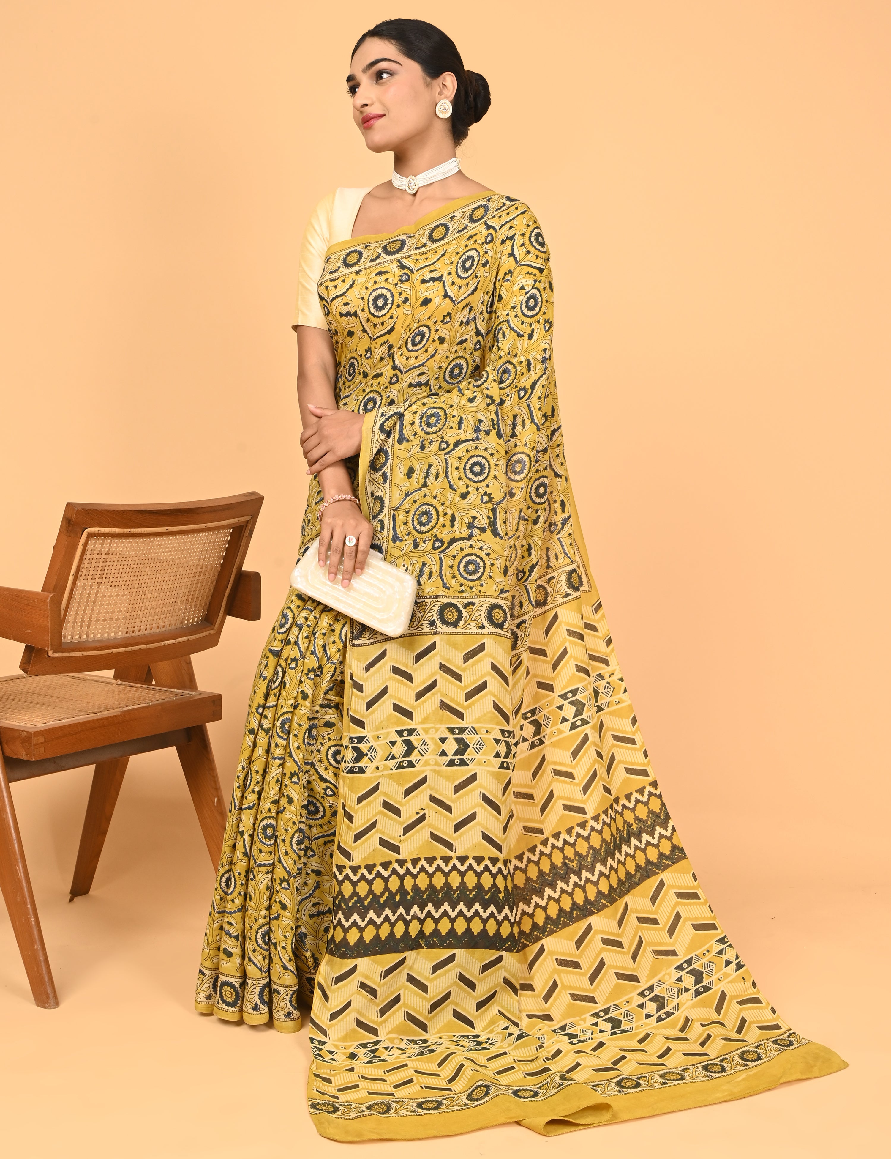 Chirtalekha Mustard Ajrakh Saree