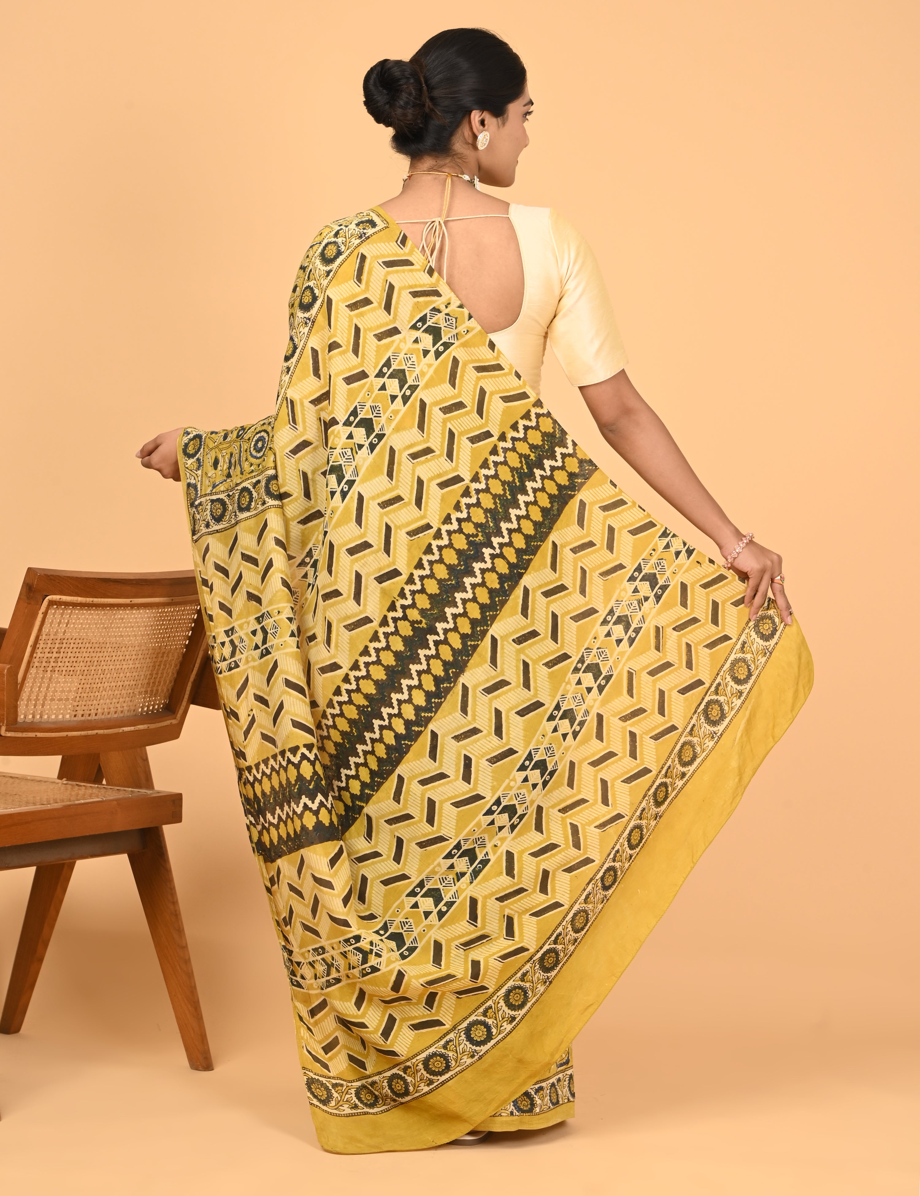 Chirtalekha Mustard Ajrakh Saree