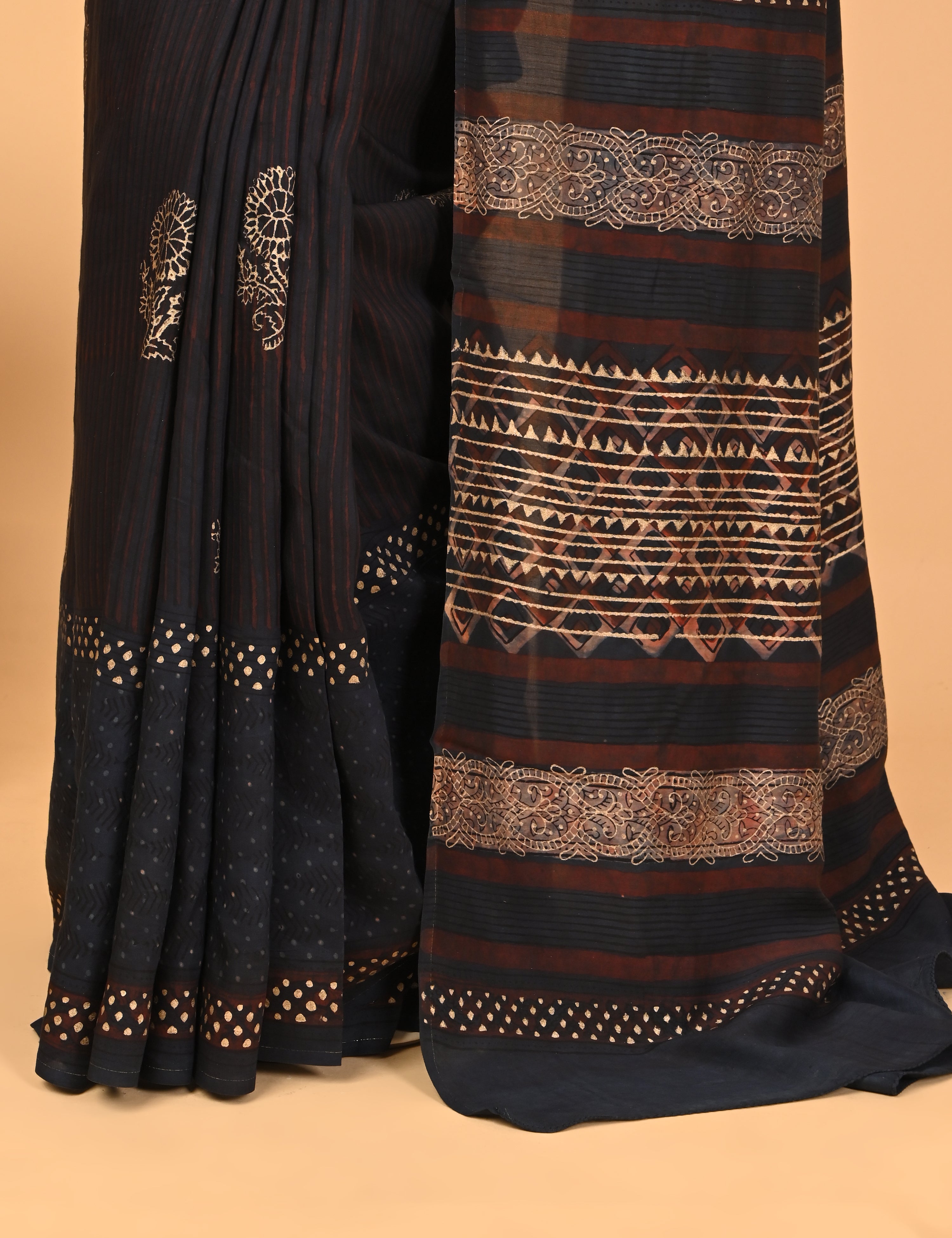 Sunheri Navy Ajrakh Saree