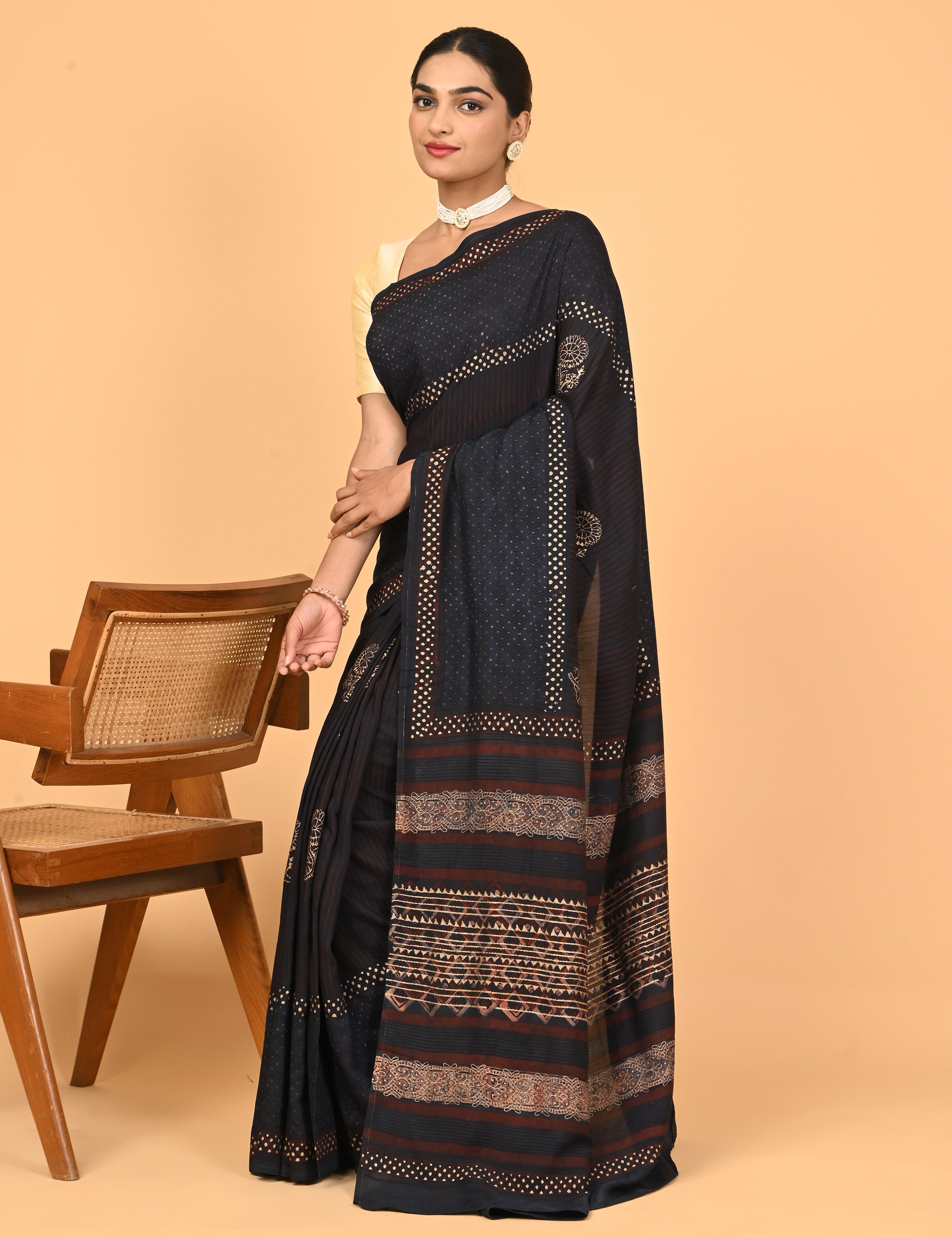 Sunheri Navy Ajrakh Saree