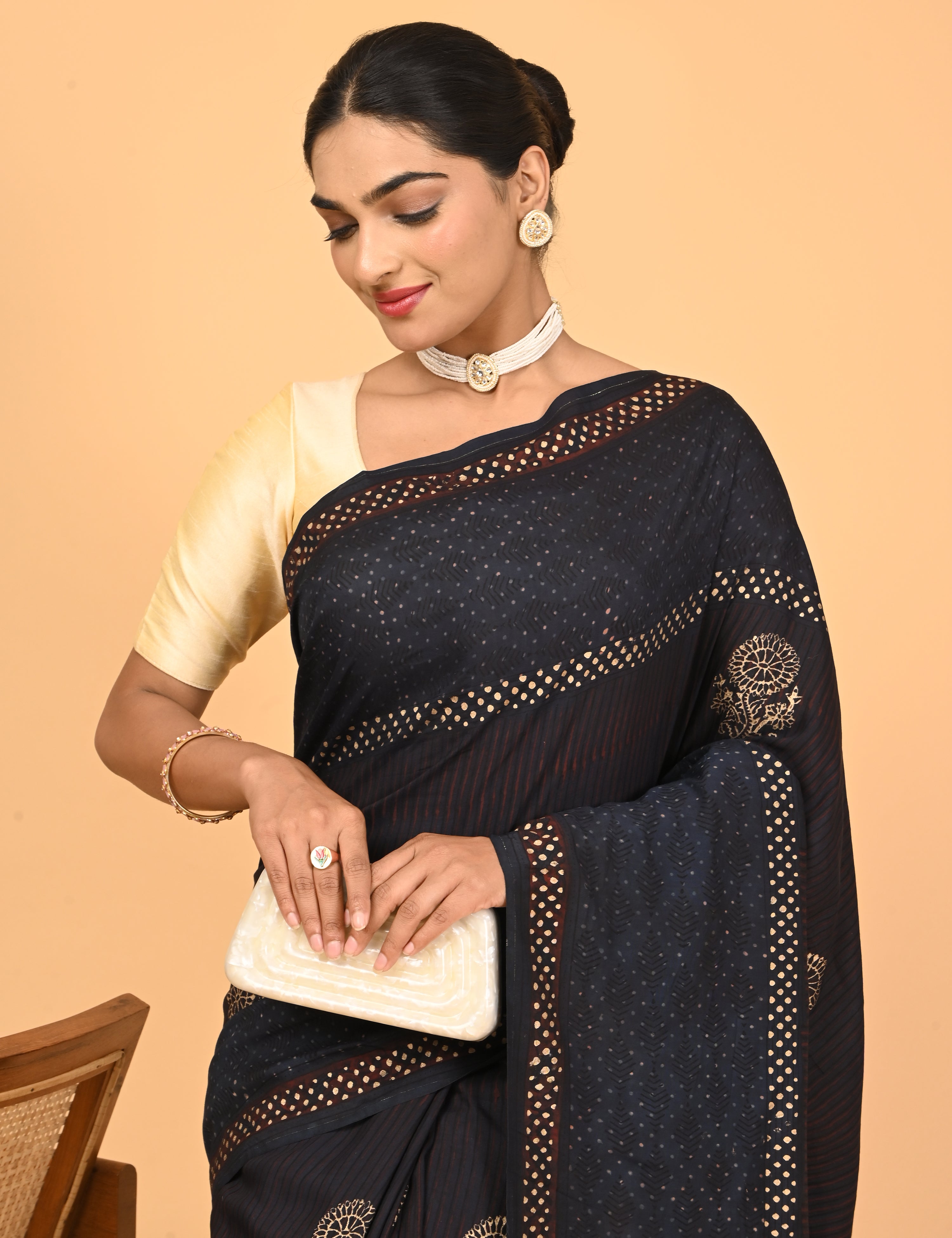 Sunheri Navy Ajrakh Saree